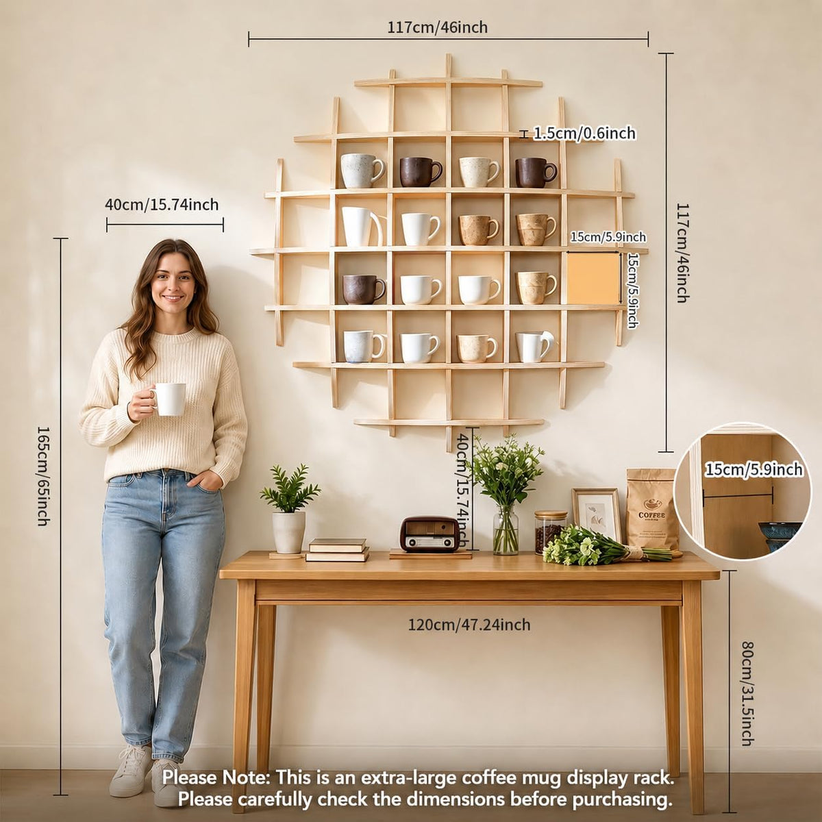 46 x 46 Inch Oversize Wooden Coffee Mug Display Shelf for Wall | Wall-mounted mug holder, floating curio shelf and tea