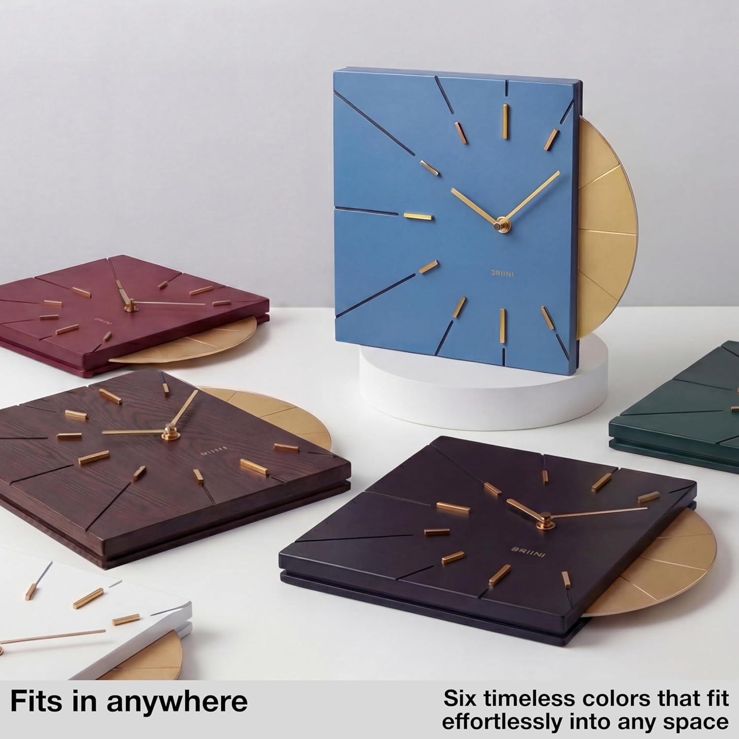 Driini Clocks Mid Century Modern Wall Clock - Square Blue Clock with Decorative Gold Accent- Unique and Cool Clock