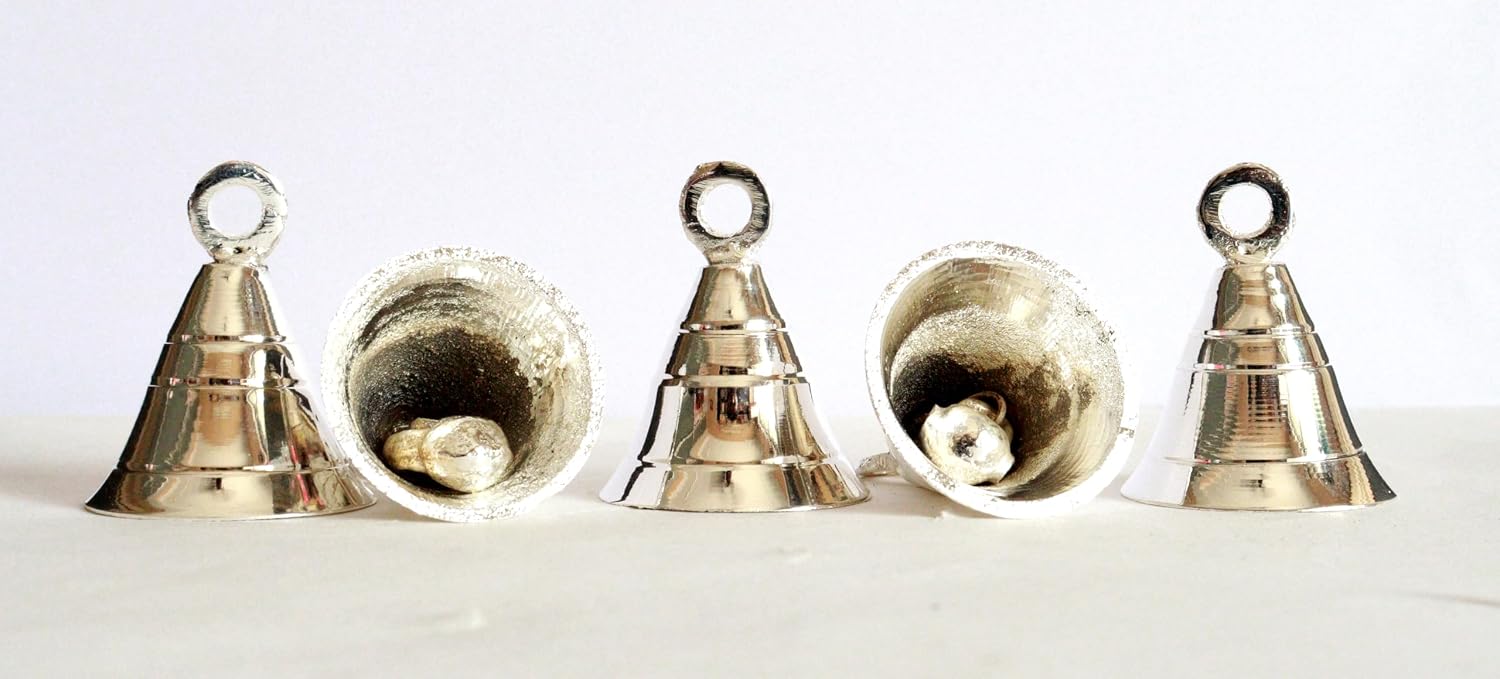 Solid Brass Pooja Bells with J Hook Home Decor Christmas Bell Wall Hanging Jingle Bell Ornaments New (24, Silver Bells
