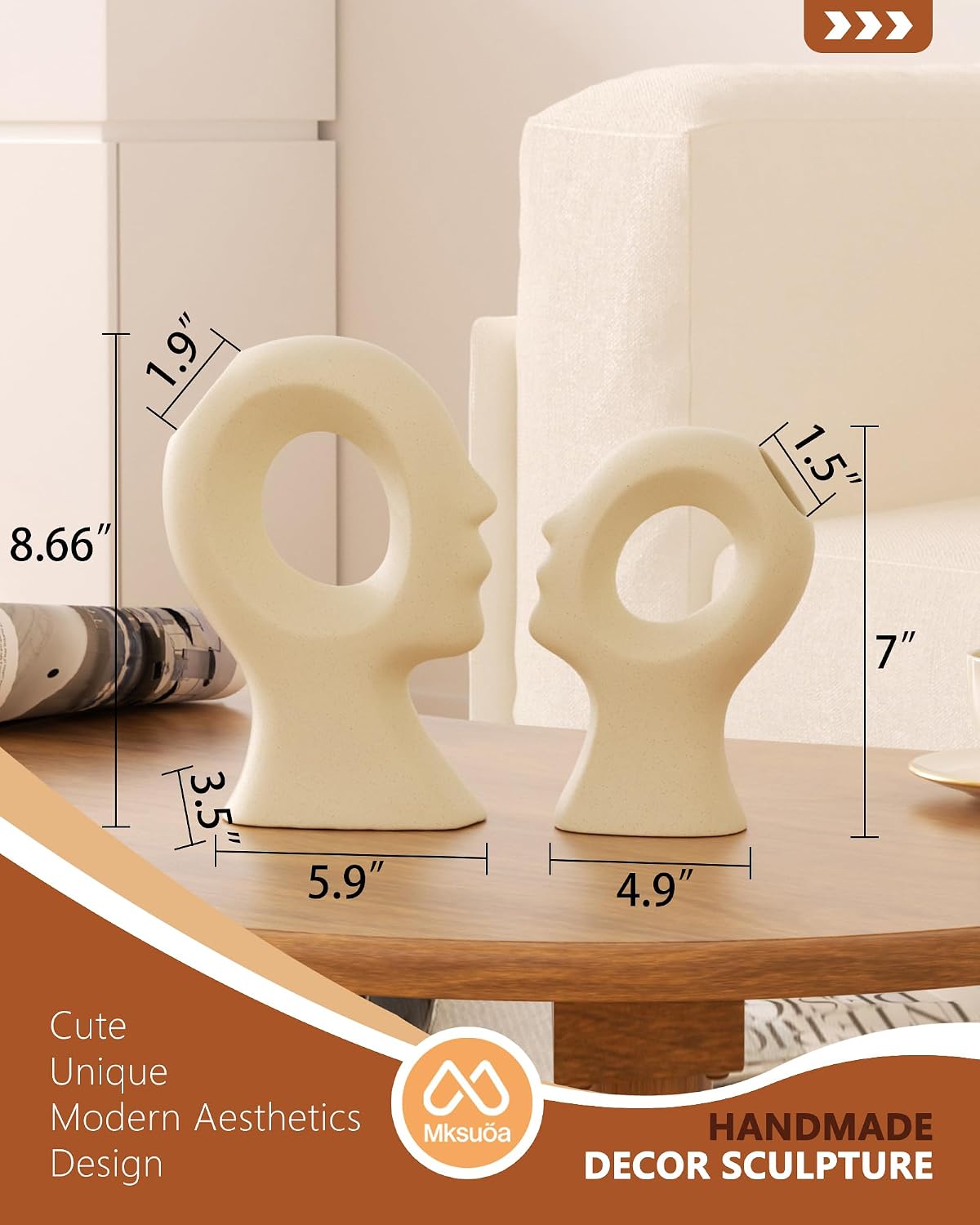 Ceramic Figurines / Couple Decorative Statues Set / Beige White