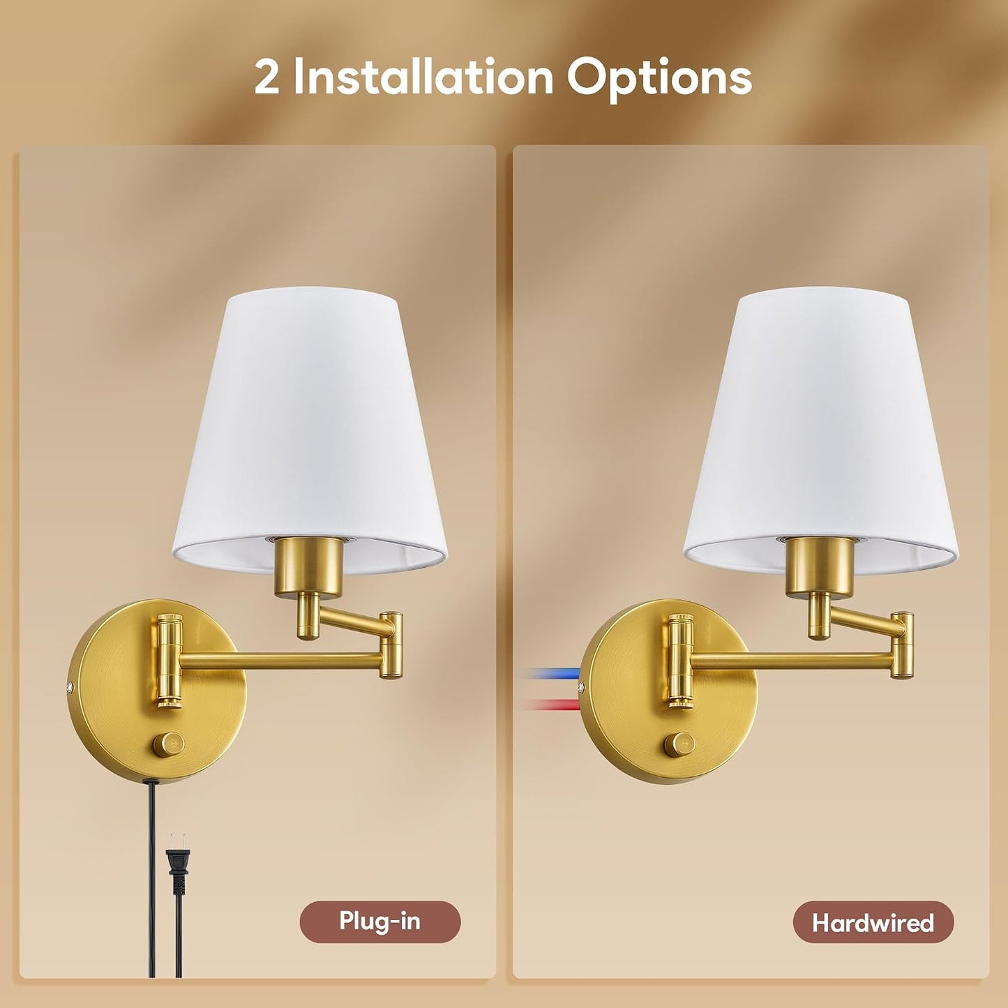 VONLUCE Wall Sconce Set of 2, Plug in & Swing Arm Wall Lamps, Gold Finish | Modern Wall Lights with White Fabric
