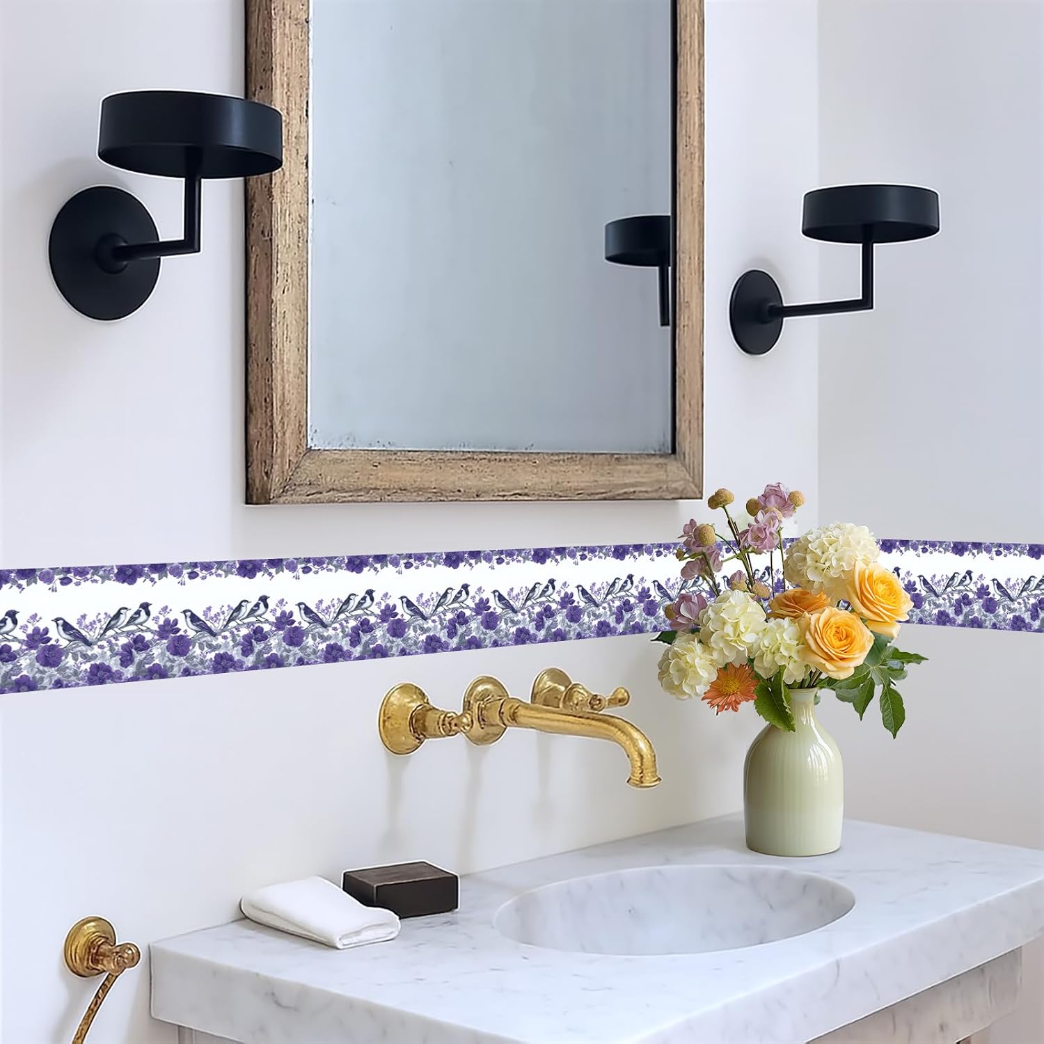 Wallpaper Border Peel and Stick Wall Border Self Adhesive Romantic / Purple Floral Bird / 196 x 4