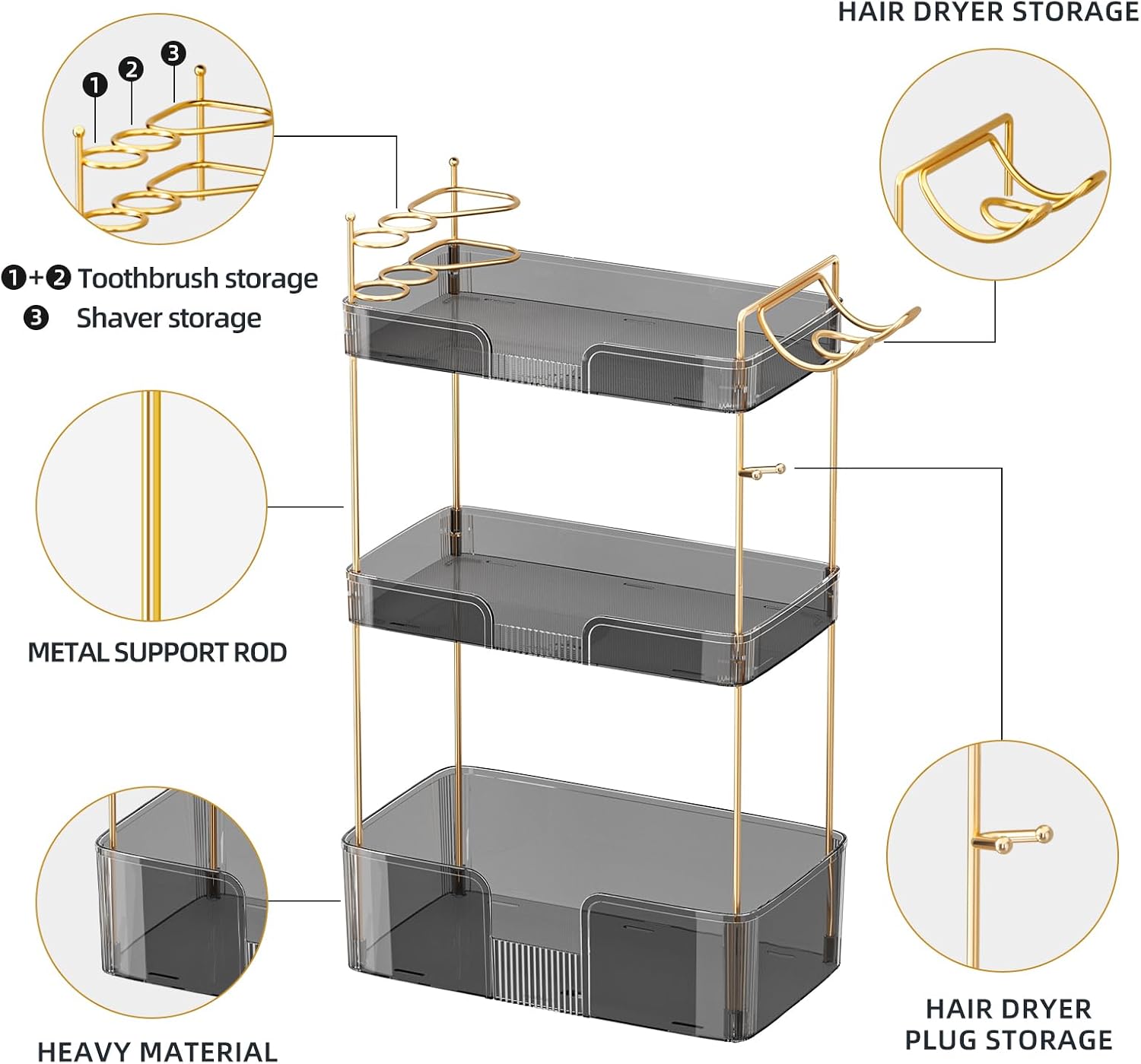 Akinbas 3 Tier Bathroom Organizer Countertop Makeup Perfume Tray Skincare Organizer Comes with Hair Dryer Rack and