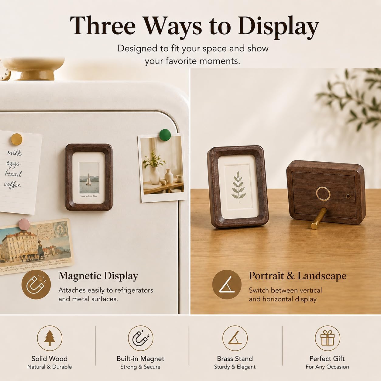 Wood Magnetic Picture Frame / Walnut / 2.2 x 3.4