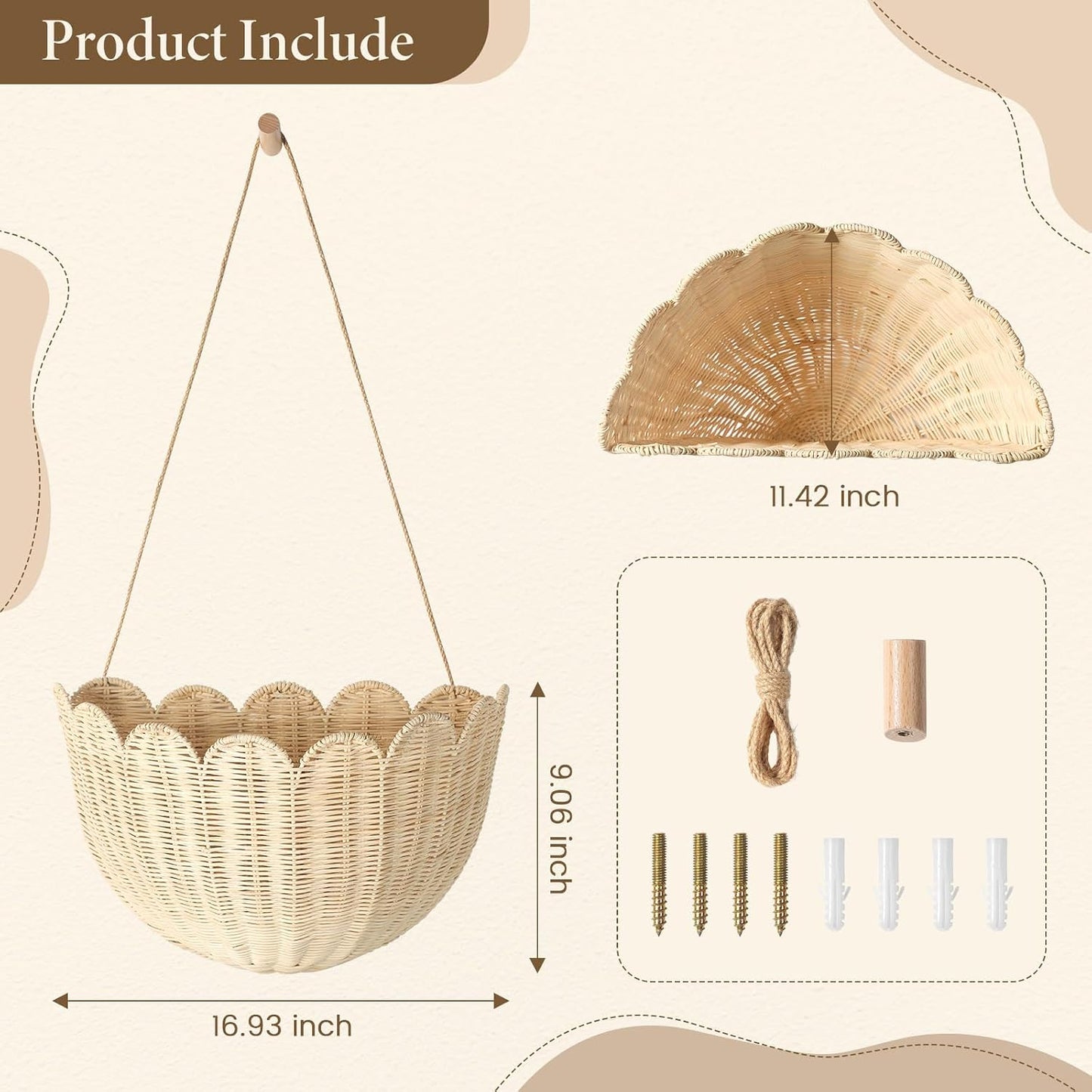 Handwoven Scalloped Wall Basket / Natural / Set of 2