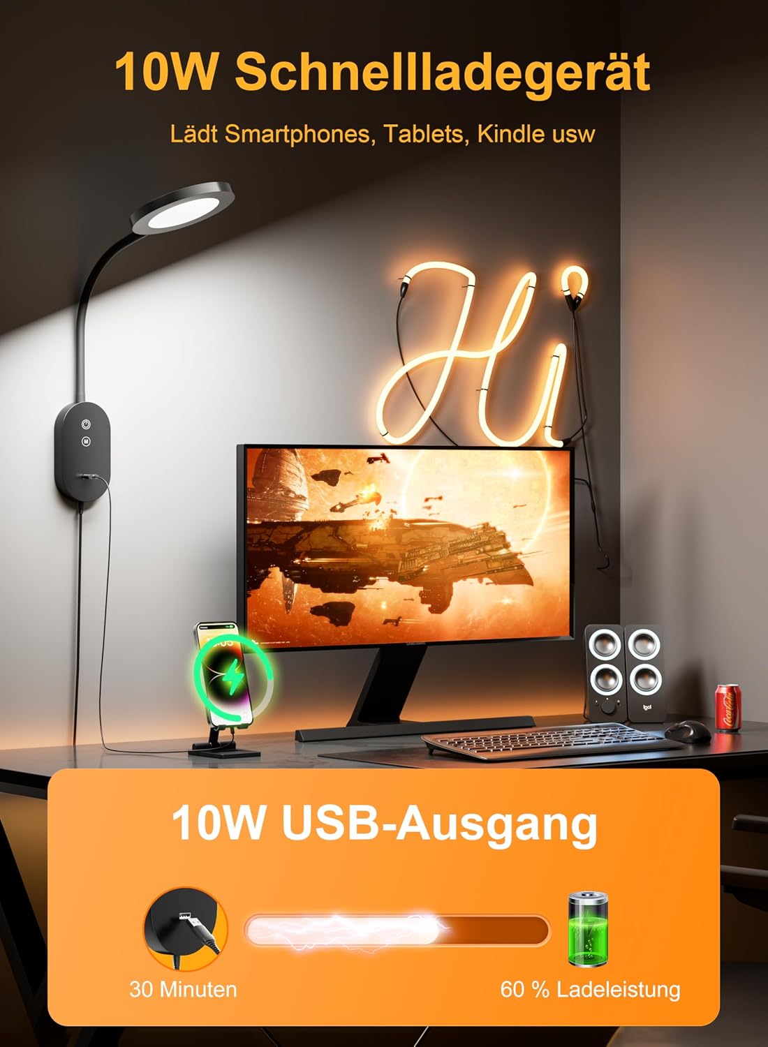 Wall Mounted Reading Light, Book Light for Wall Bed Lamp with 10W USB Output Fast, 4 Hour Auto Off，Eye Caring Reading