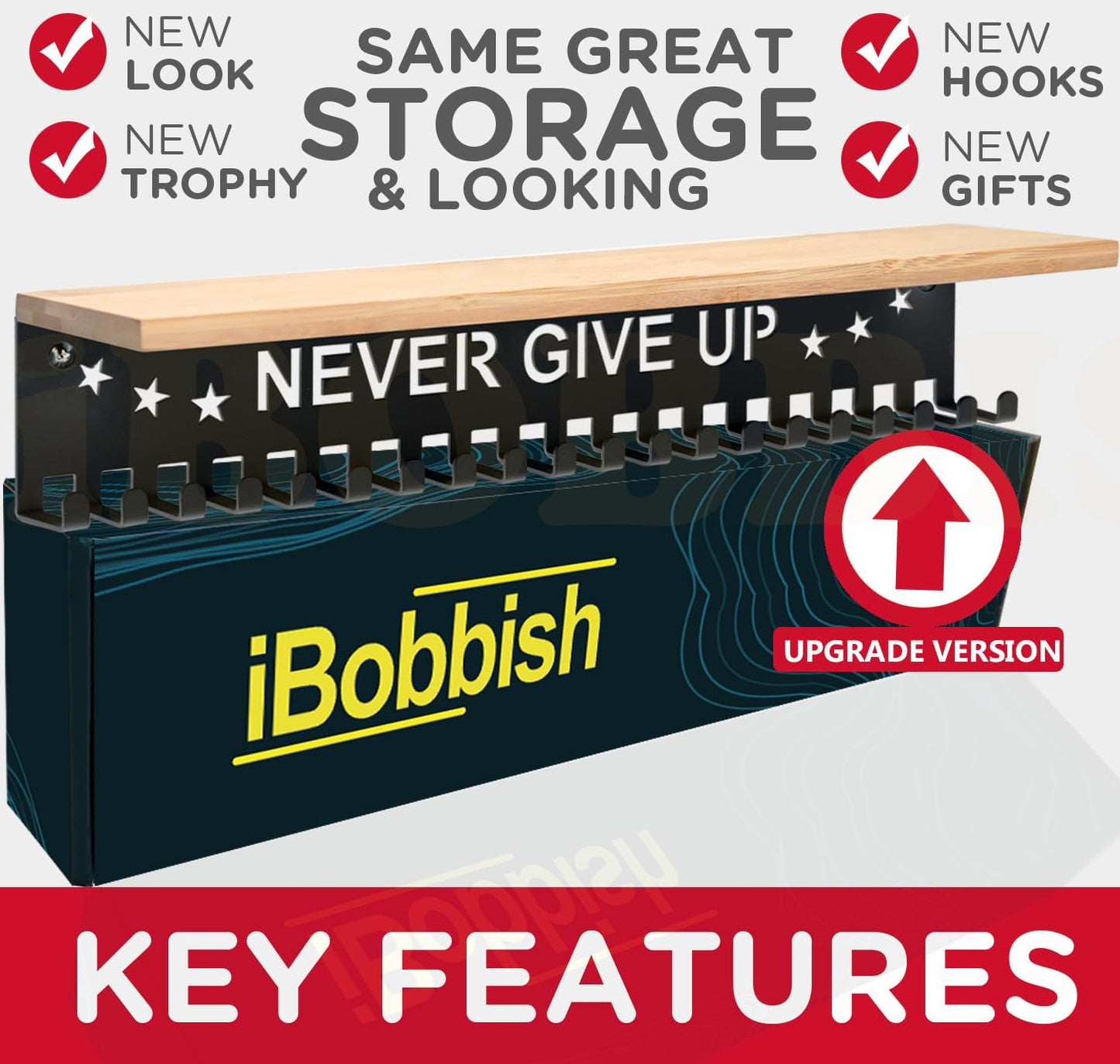 iBobbish Premium Trophy and Medal Display Shelf 16inchL,Metal Trophy Shelf with Hooks Upgraded,Large Bamboo Trophy
