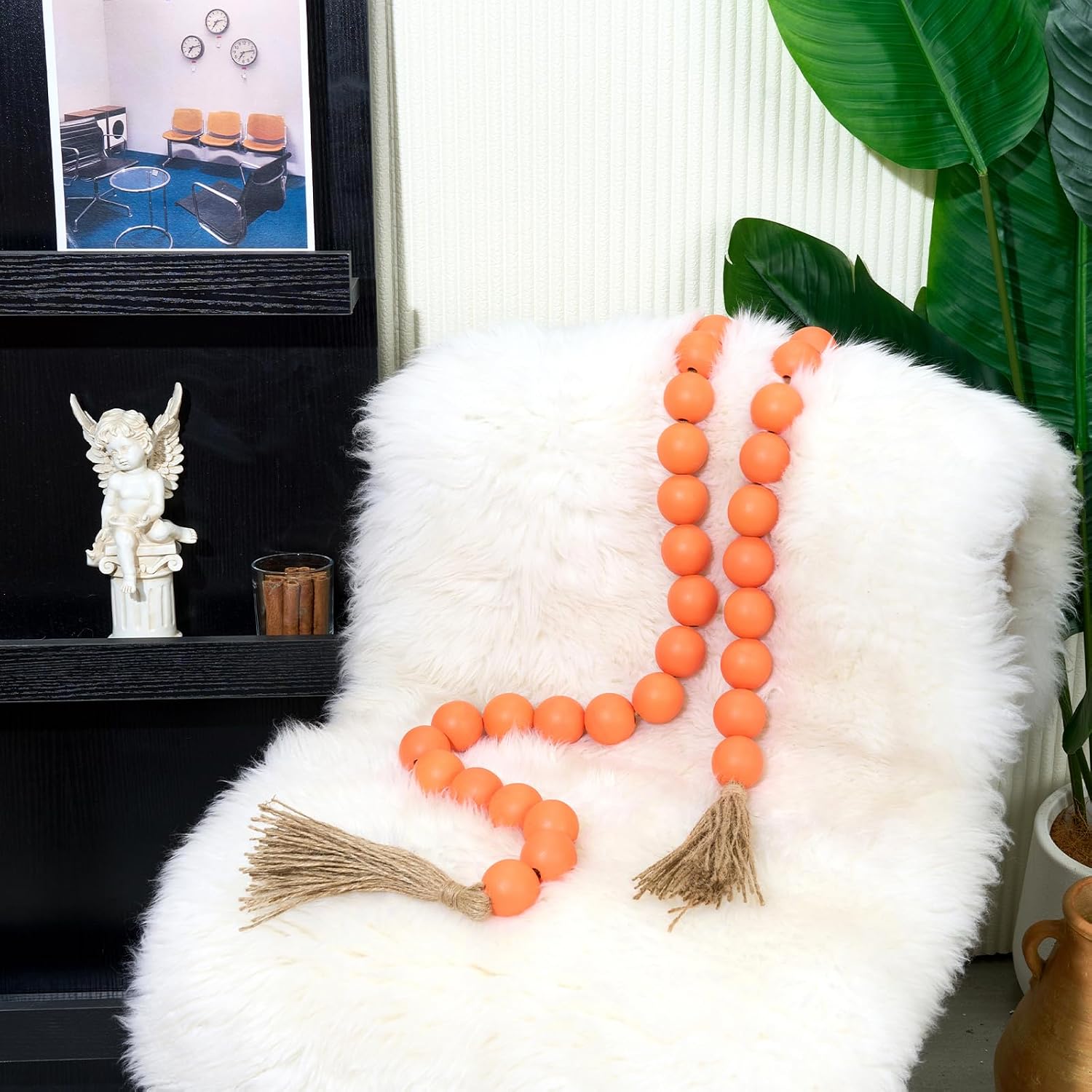 76" Long Large Wood Bead Garland / 8 Orange / 76 Inches