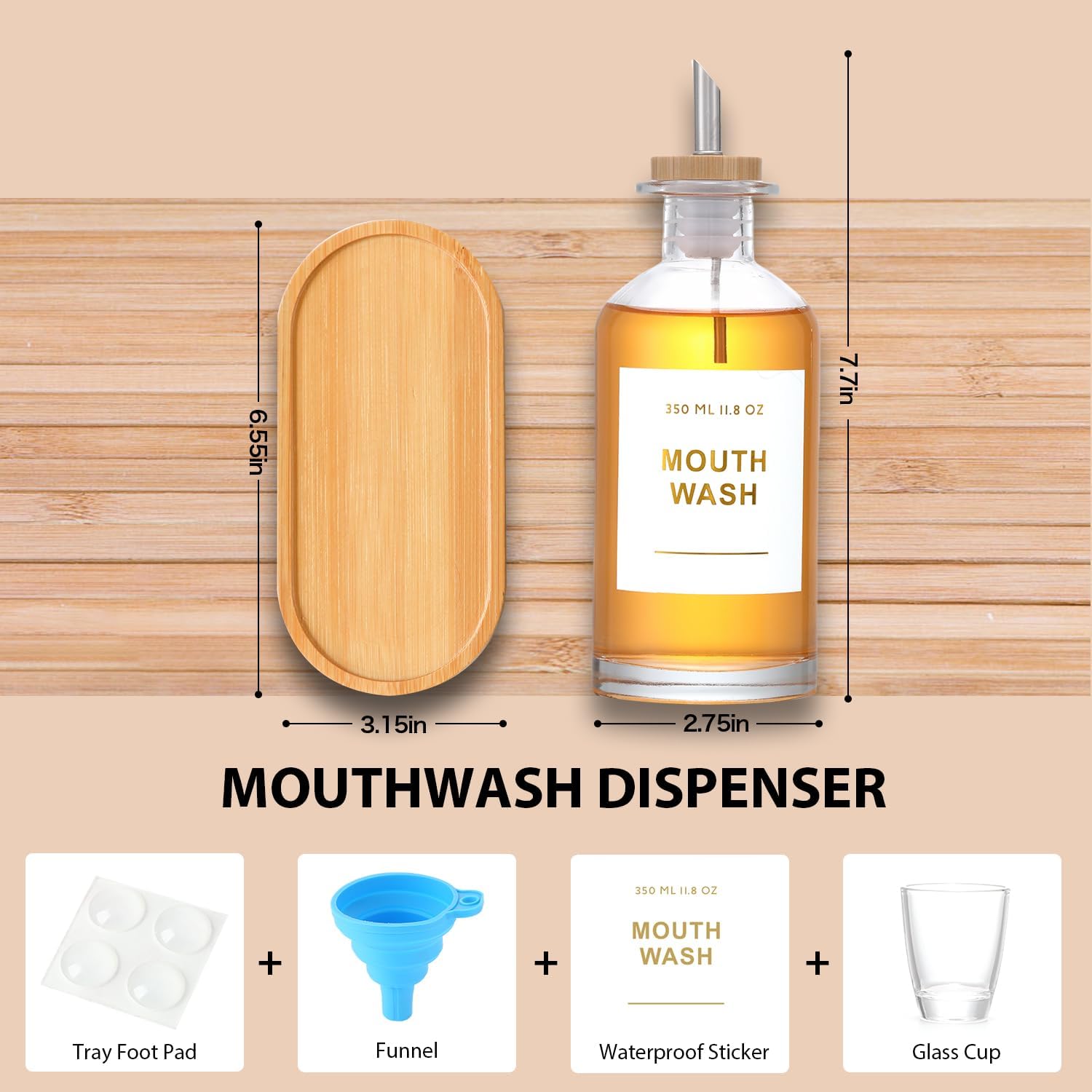11.8OZ Glass Mouthwash Dispenser, Set of 2, Clear | Stainless Steel & Bamboo Nozzle, Reusable Mouthwash Cup, Bamboo