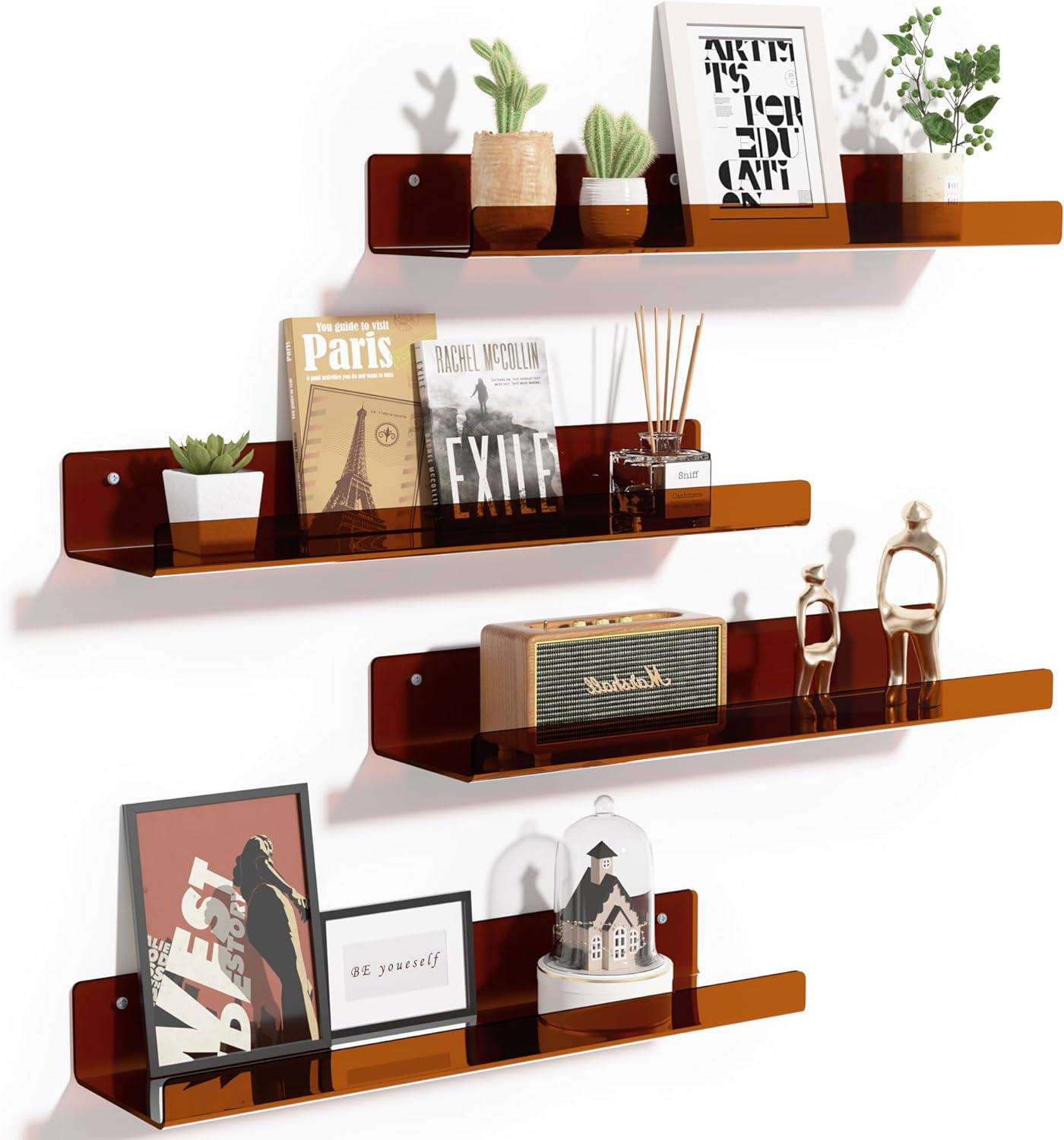 upsimples 4 Pcs 15" Acrylic Shelves for Wall Decor and Display, Brown | Cute Floating Shelf for Perfume, Skincare, Nail