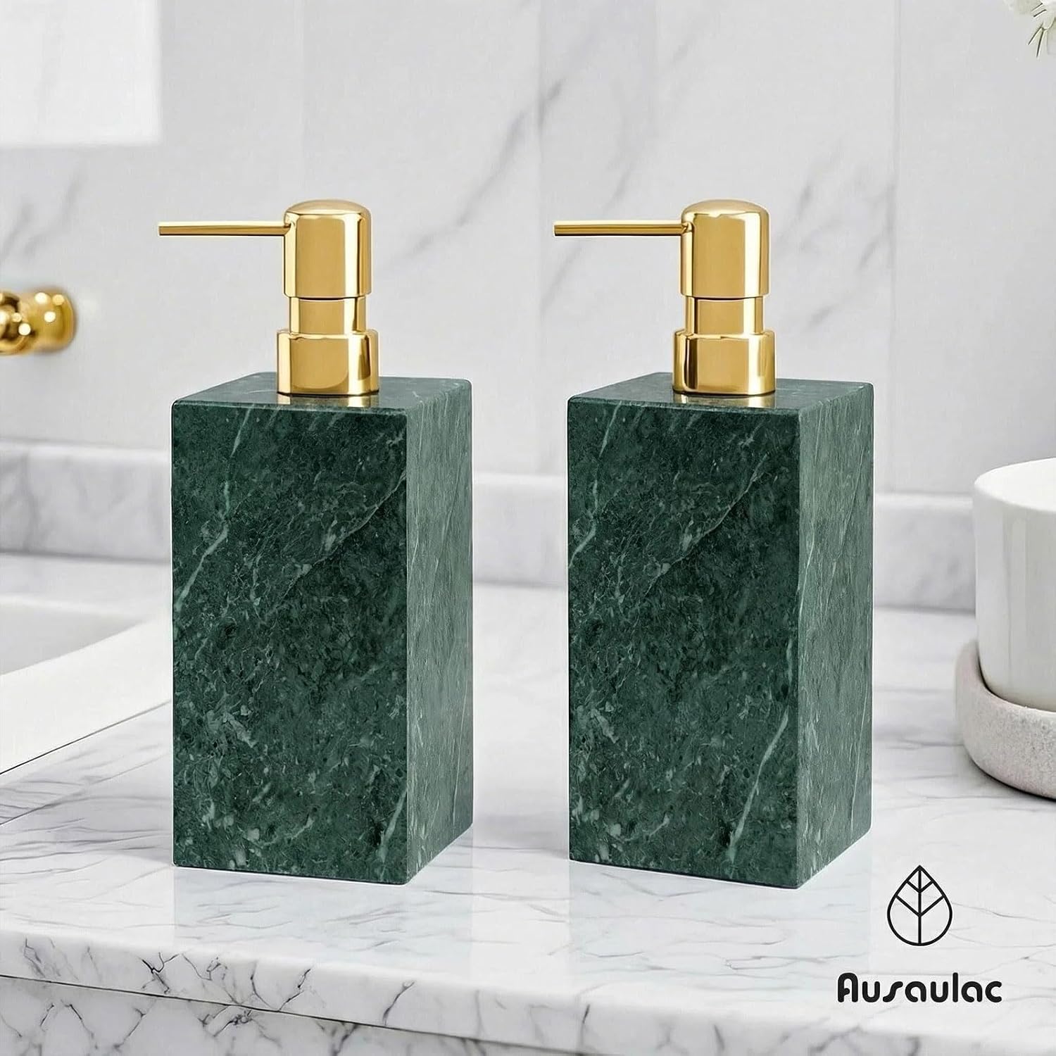 2 Set Real Natural Marble Soap Dispenser with Stainless Steel Pump – Decorative Liquid Hand Soap Bottle for Kitchen &