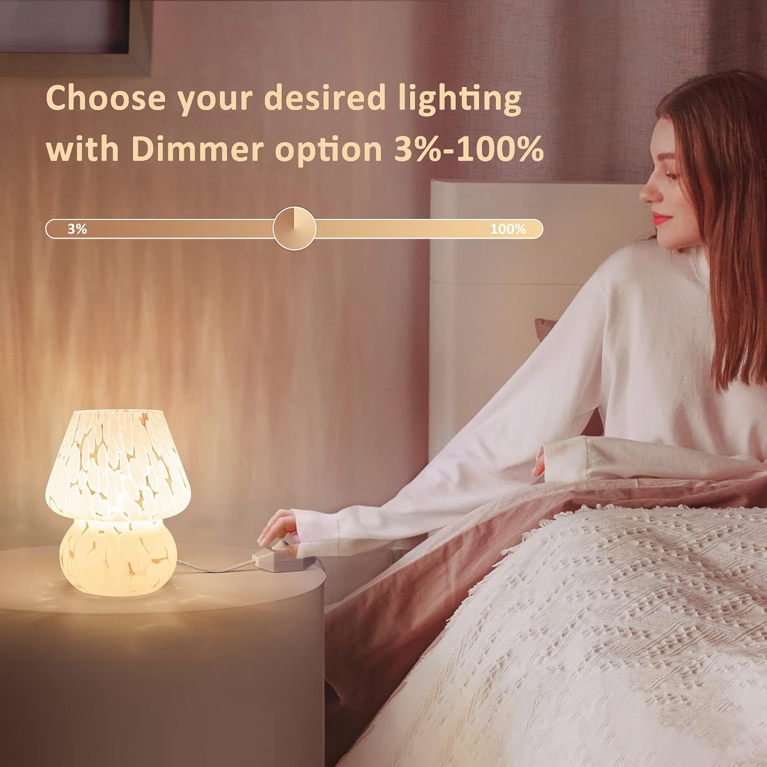 ONEWISH Cute Mushroom Lamp Small Bedside Table Lamp Set of 2 Stepless Dimmable, Translucent Glass White Nightstand Lamp