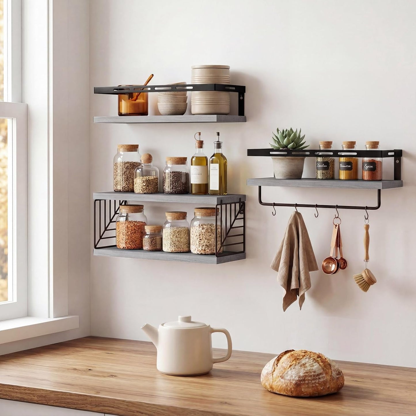 Fixwal Wall Mounted Bathroom Shelves Over Toilet (3+1 Gray) | Wall Shelf with Basket Storage , Towel Bar, Solid Wood