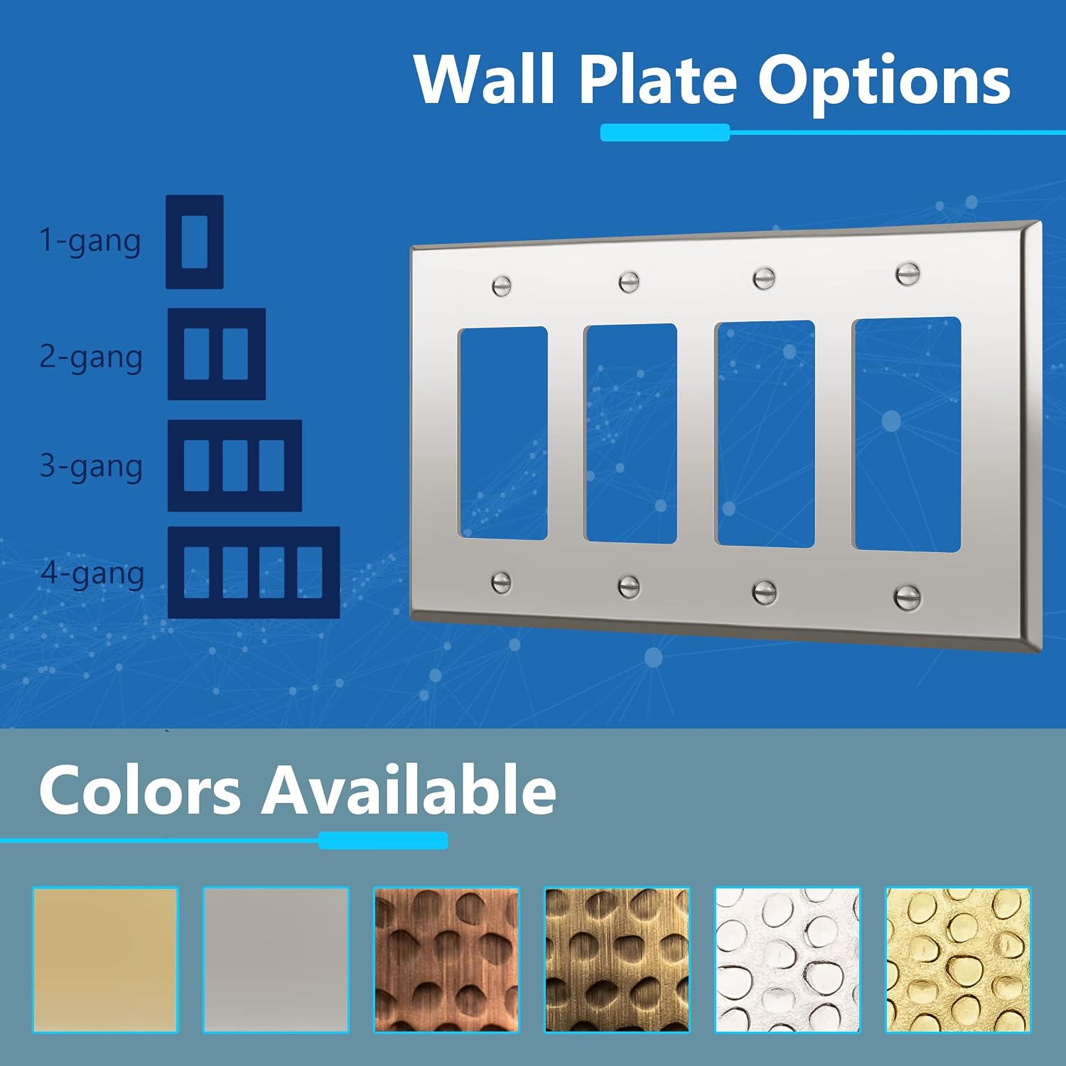 LIDER Decorator Switch or Receptacle Metal Wall Plate, Mid-Size 4-Gang | Stainless Steel, Corrosion Resistant, Outlet