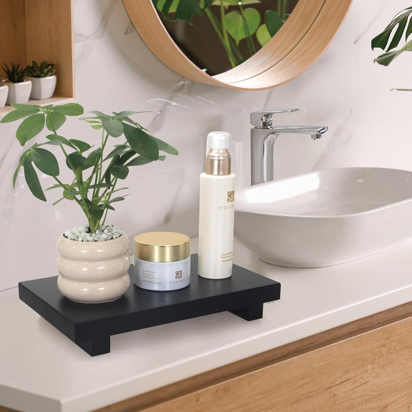 Bathroom Vanity Counter Tray Decor Farmhouse Wood Risers Kitchen Soap Sink / Black / 10 x 6 x 1.6