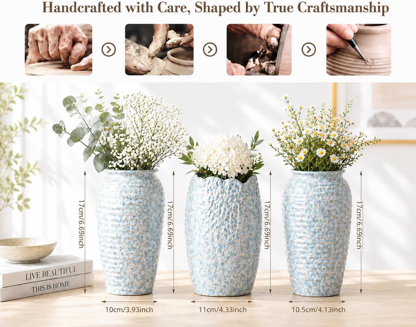 Ceramic Vases / Decorative Flower / Blue White 3 Set / Set of 3