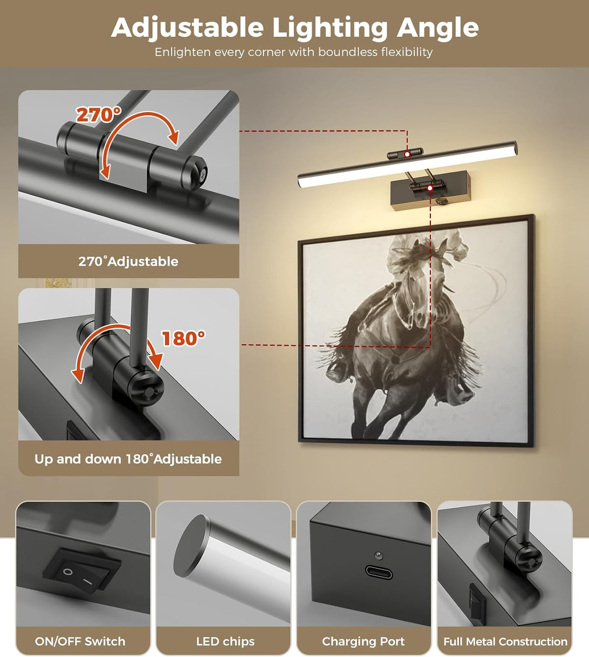 JUSHENG Battery Operated Picture Lights for Wall Brushed Grey 3CCT Dimmable Gallery Lights with Remote and Timer