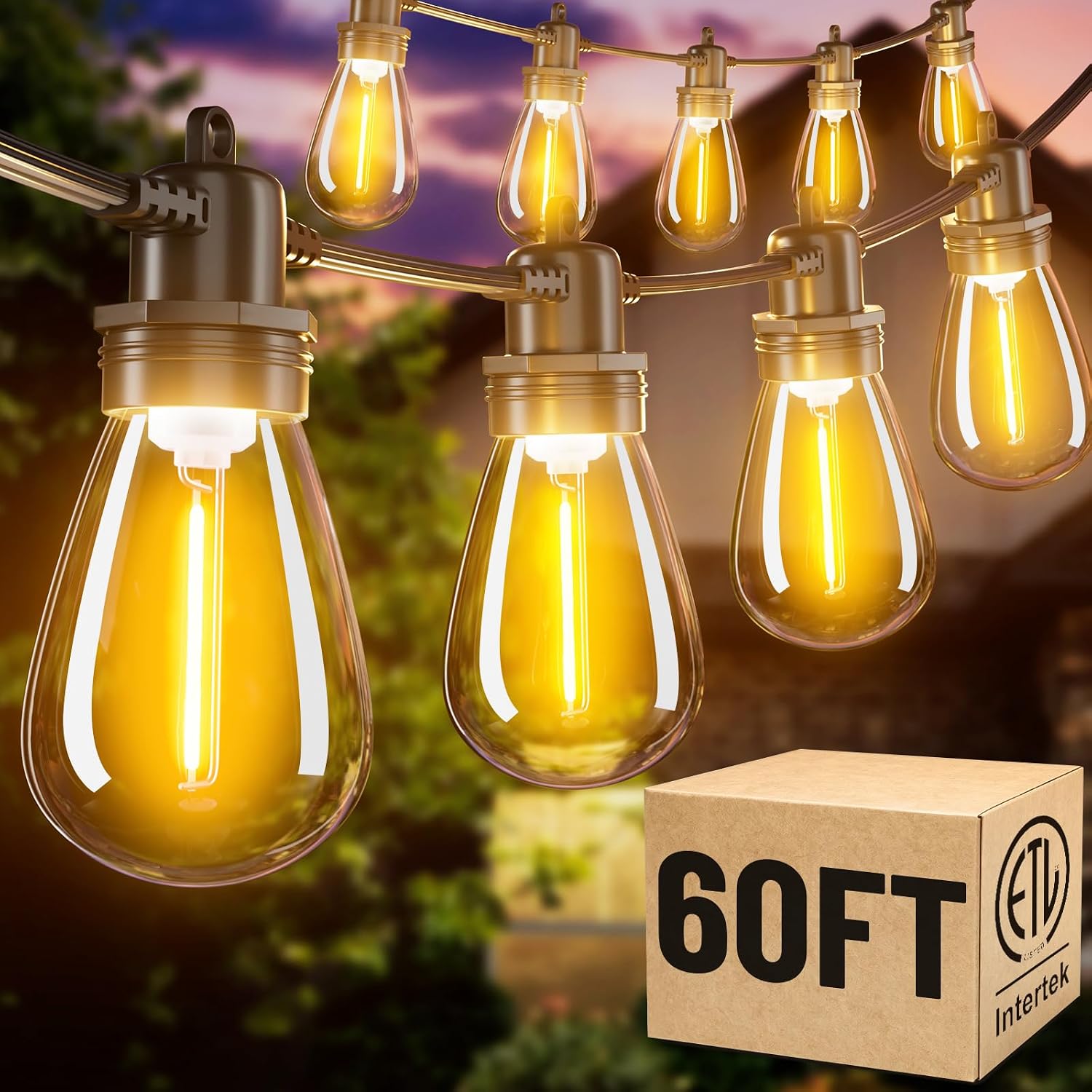 60FT LED Outdoor String Lights with 16+1 Edison Shatterproof Waterproof Bulbs, 2700K Commercial Grade Patio Lights