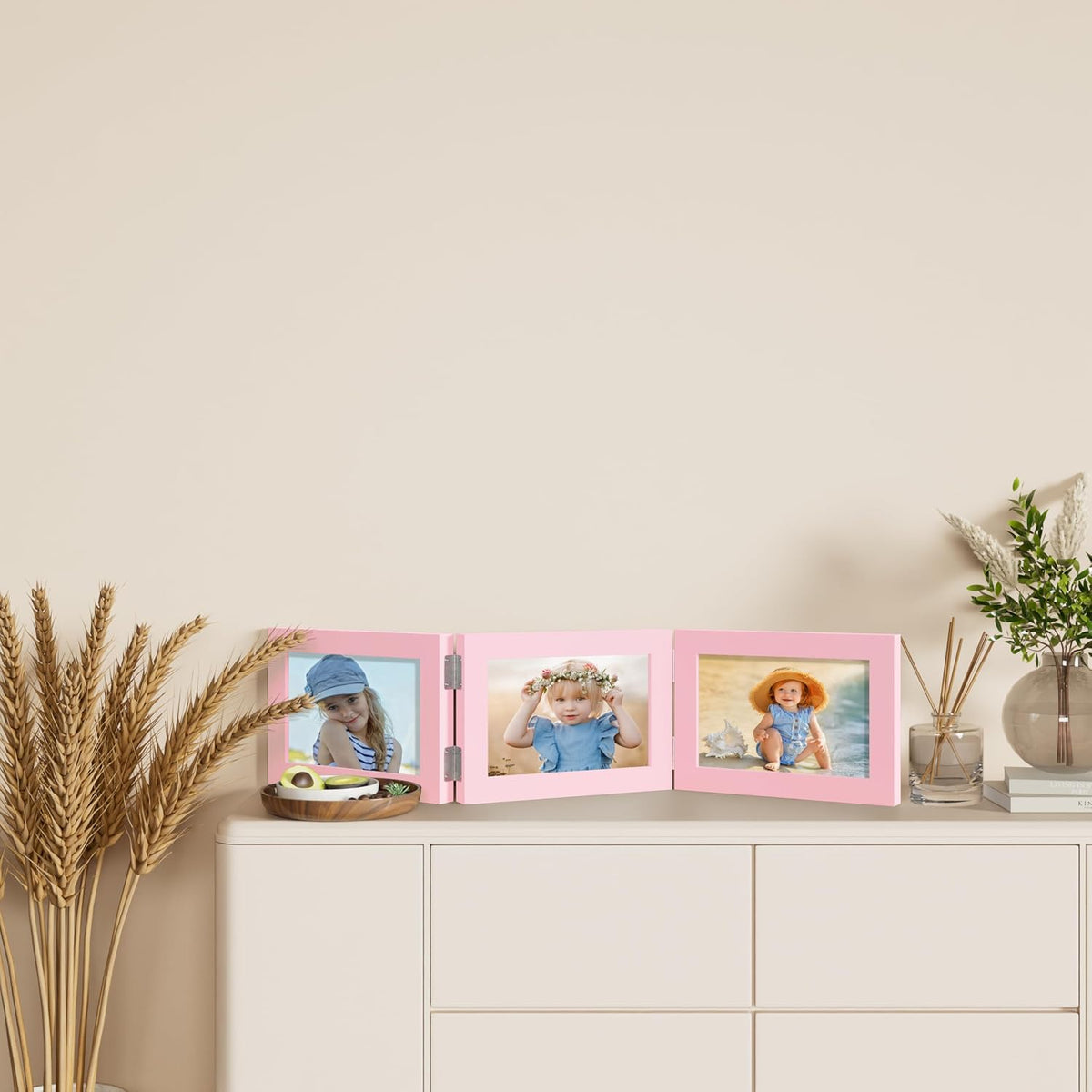 decorUhome Pink Triple 7x5 Picture Frame Horizontal, MDPK08 | "Z" Shape Folding Design Engineered Wood Trifold Photo