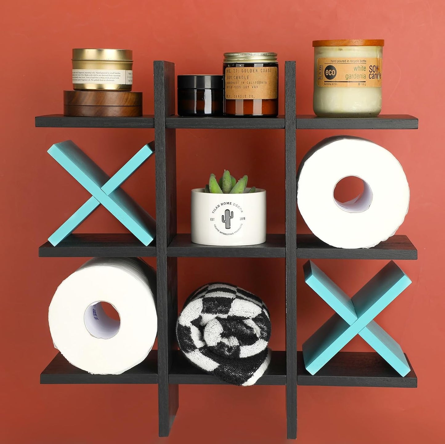 Weysat Tic Tac Toe Toilet Paper Holder,Black, Blue | Farmhouse Bathroom Decor, Freestanding or Wall Mount Storage for