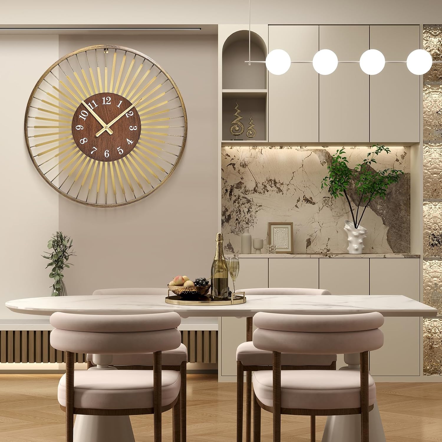 24 Inch Mid-Century Modern Wall Clock | round frame with walnut center, silent quartz clock, gold accents, decor wall