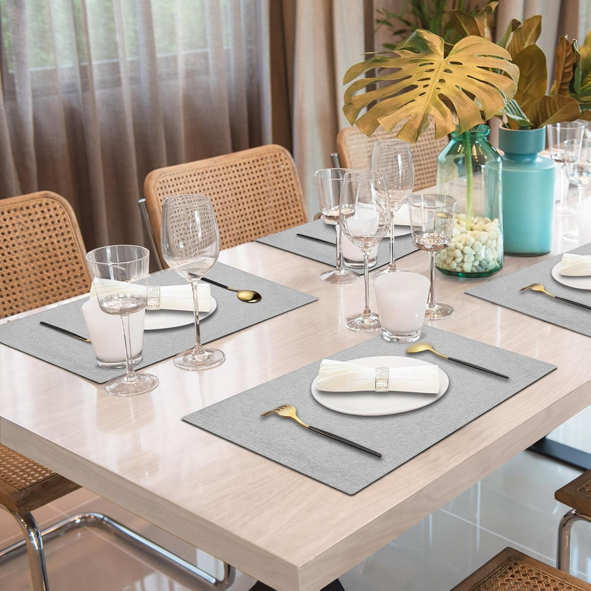 Cloth Placemats Set of 6, Cotton Linen Blend Place Mats, Light Gray | Machine Washable, Double Layered, Heat Resistant