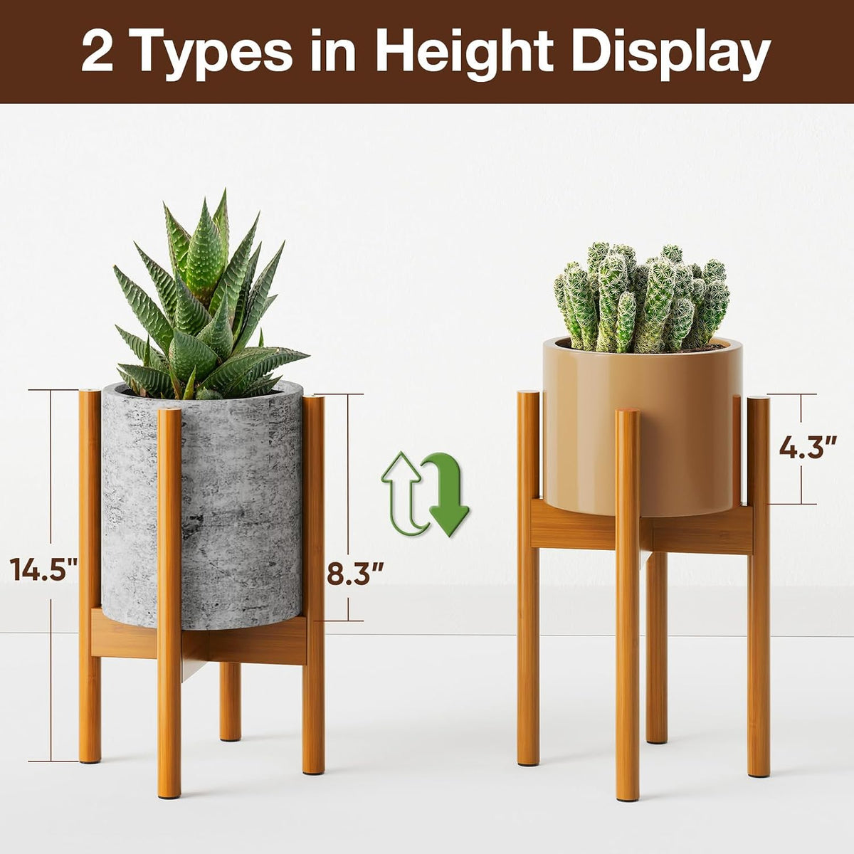 MUDEELA Plant Stand for Indoor, Bamboo Material, Pale Brown, 14.5 Inch Tall | Adjustable Width Fits 8-12 Inch Pot