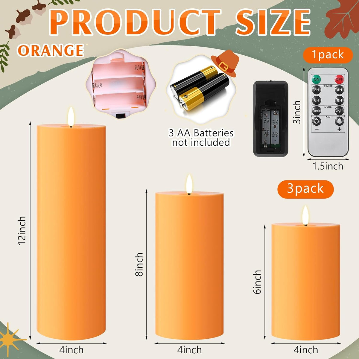 3 Pcs 6/8/12 Inches Orange Flameless LED Candles with Remote and 2/4/8h Timer Battery Operated Wax Flickering Candles