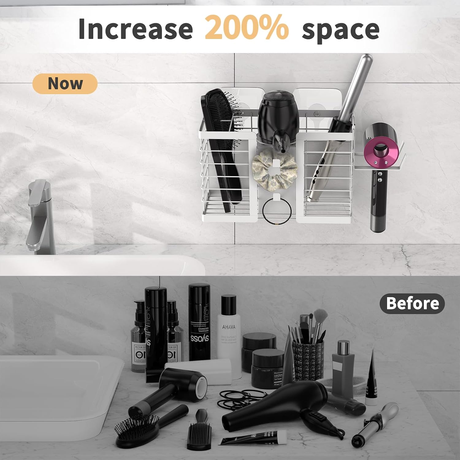 FUNKYLEE Bathroom Organizers and Storage, 3 in 1 Metal Wall Mount for Flat Iron, Curling Iron, Straightener, Hair Care