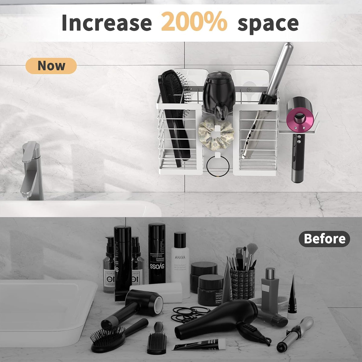 FUNKYLEE Hair Tool Organizer, 3 in 1 Metal Bathroom Blow Dryer Organizer Wall Mount for Flat Iron, Curling Iron