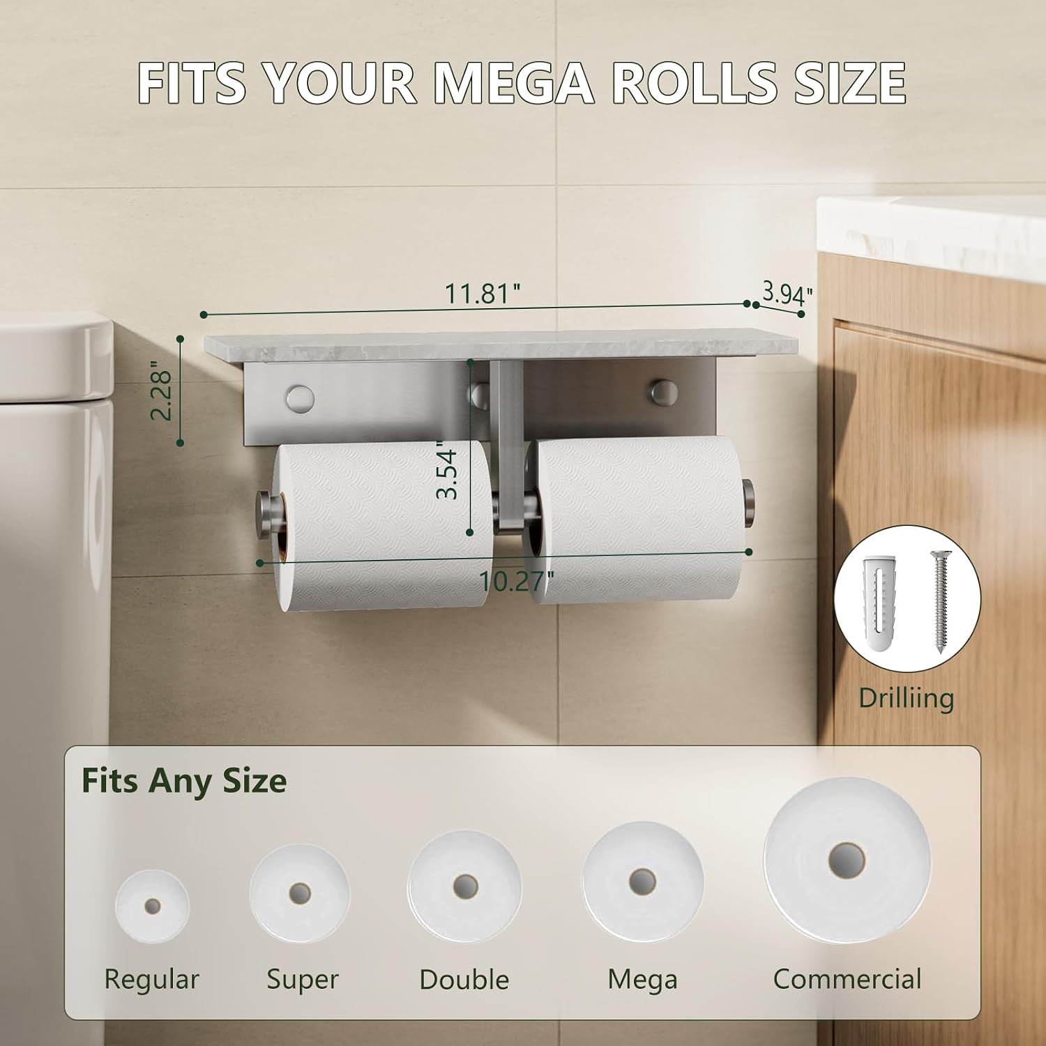 Marble Toilet Paper Holder with Shelf Doulble Bathroom Tissue Roll Holder | Brushed Nickel 304 Stainless Steel Toilet