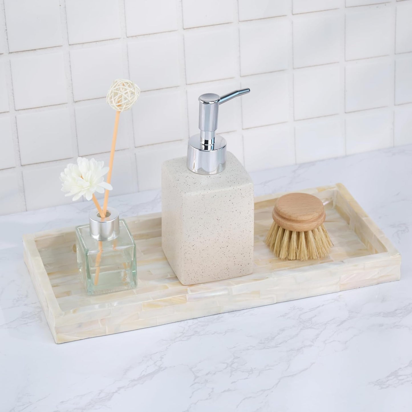 11" Wooden Vanity Tray for Perfume Makeup Kitchen Sink / White Tile / Set of 2