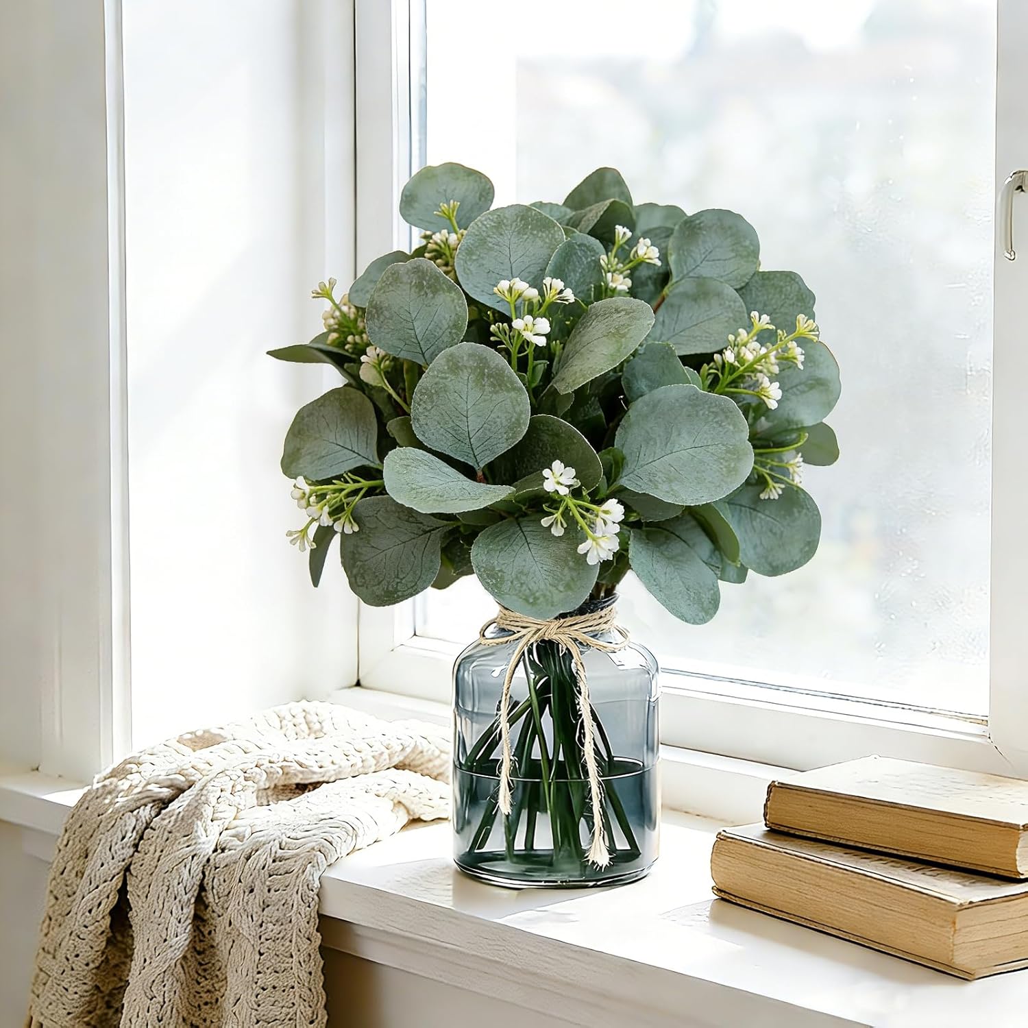Faux Eucalyptus Leaves Stems Bulk Dollar White Seed Artificial Greenery Stems / Silver / Set of 40