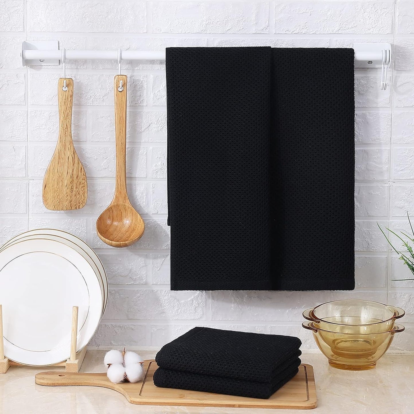Kitinjoy 100% Cotton Waffle 12-Pack Kitchen Towels, 13" x 28", Black | Super Soft, Ultra-Absorbent, Fast Drying