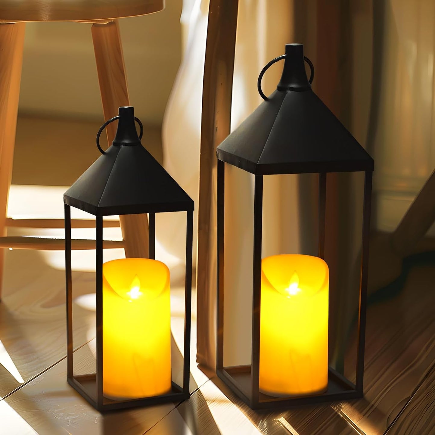 Modern Farmhouse Lantern Decor, 2Pcs Metal Candle Lanterns with Flameless Candles Black Decorative Lantern for Front