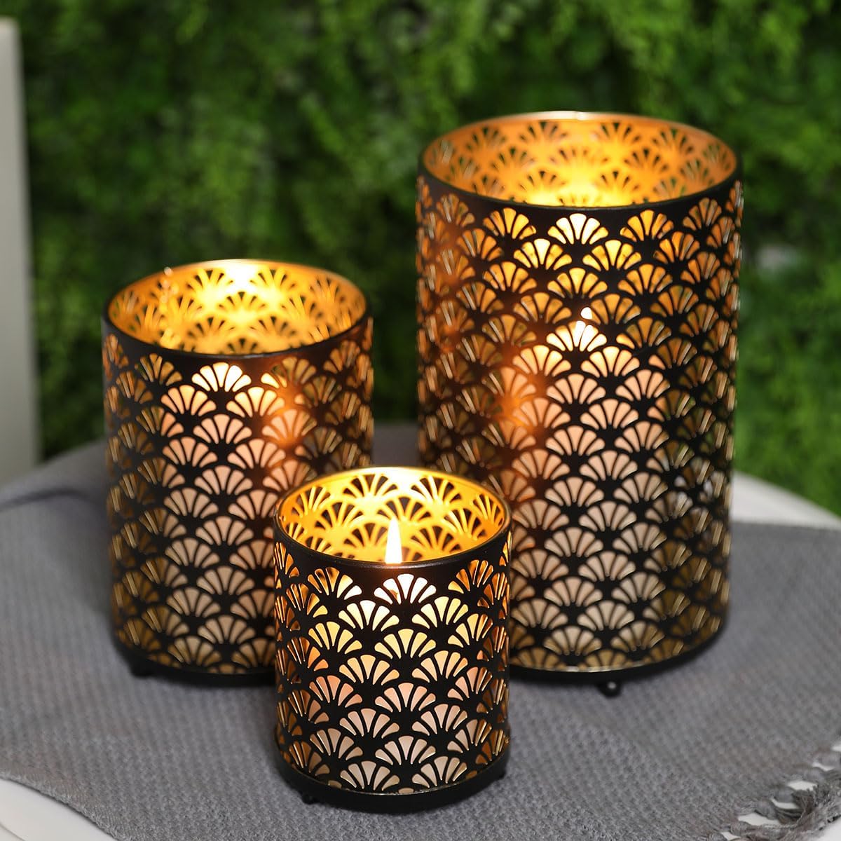 JHY DESIGN Set of 3 Metal Candle Holders Bronze Hurricane Pillar Candleholder Vintage Table Candlestick Holders Great