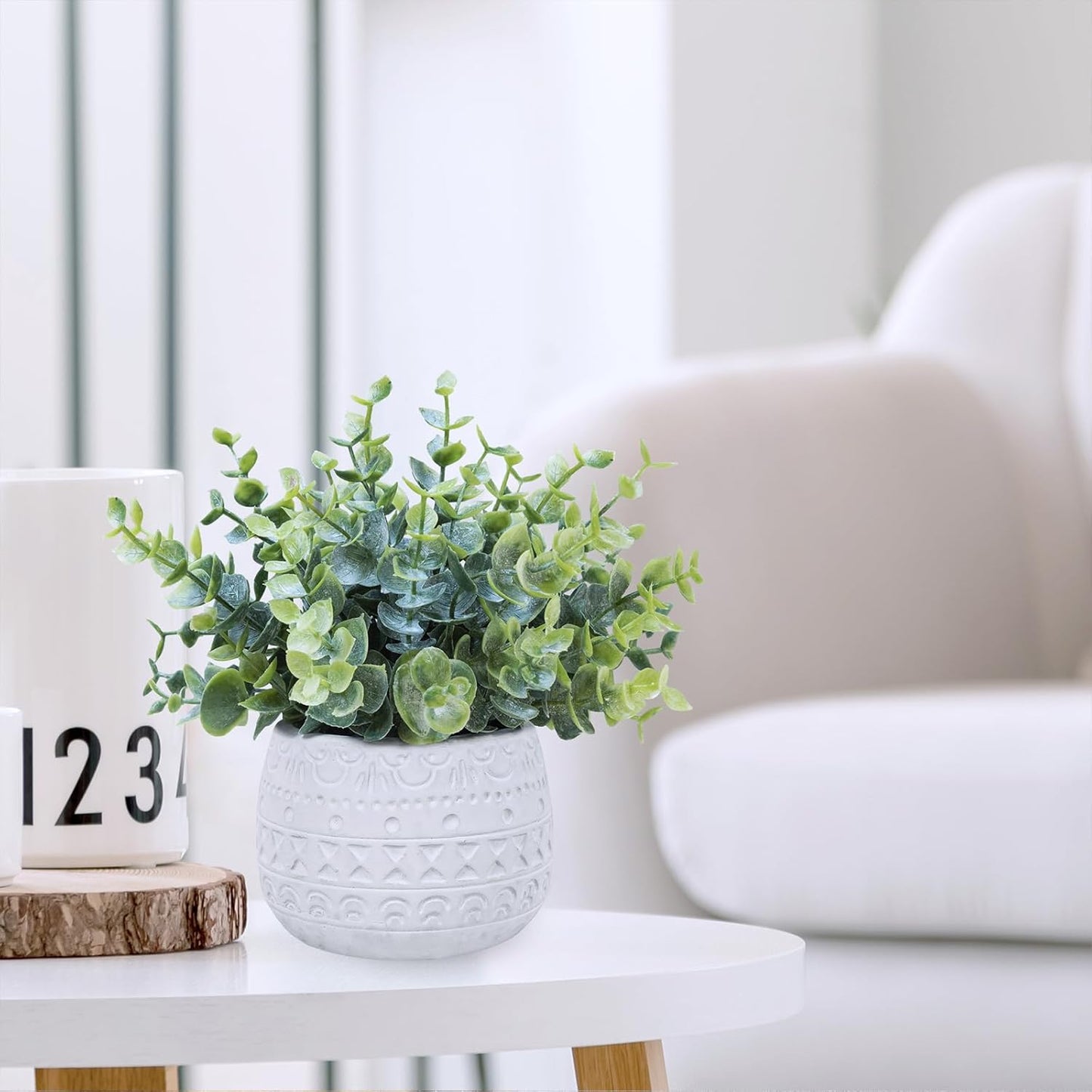 Small Artificial Potted Plants Faux Eucalyptus Plant in White Geometric / White Pot / Set of 2