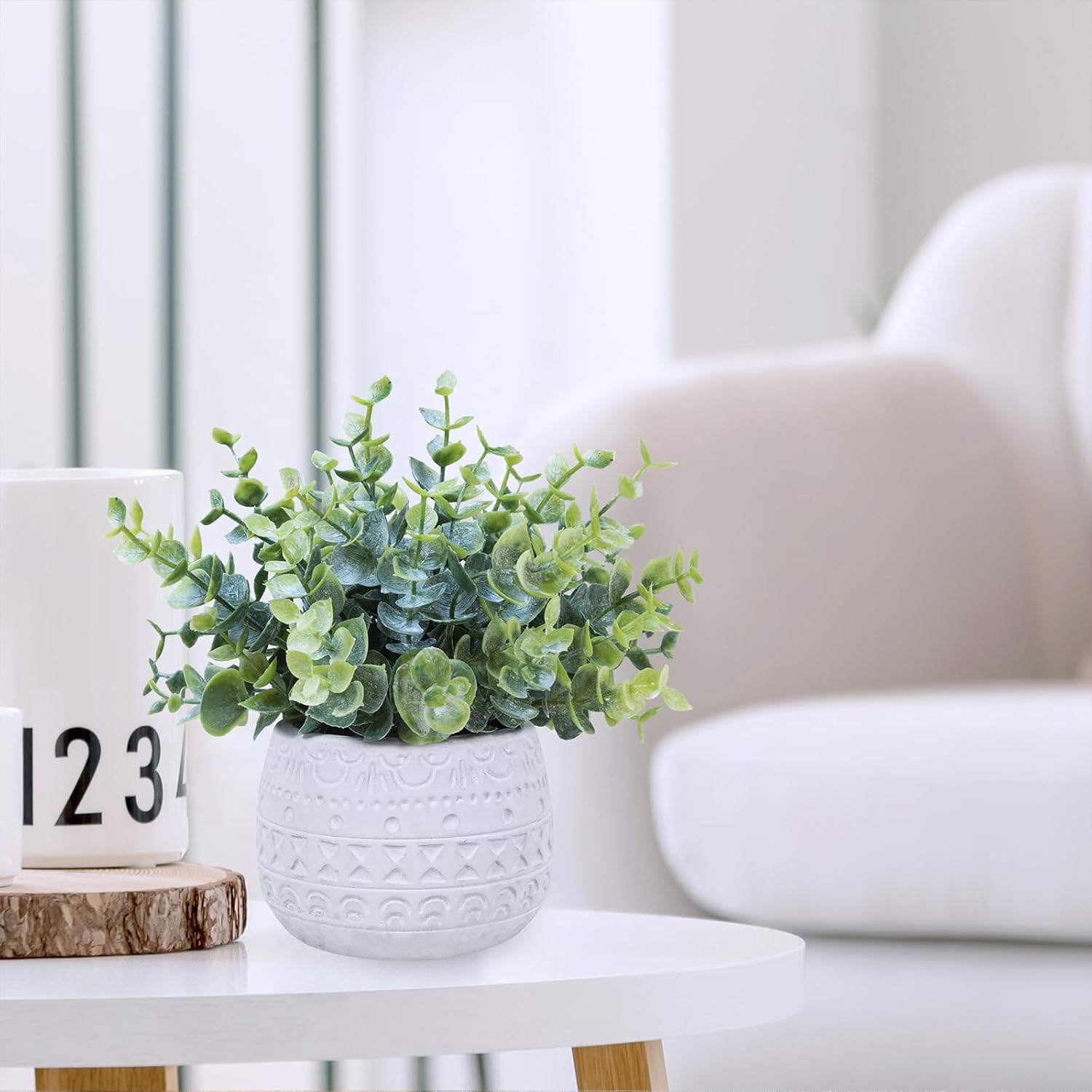 Small Artificial Potted Plants Faux Eucalyptus Plant in White Geometric / White Pot / Set of 2