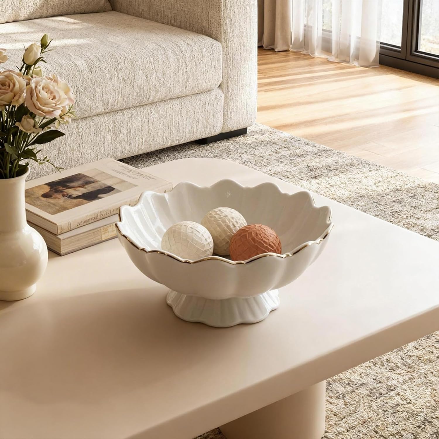 Small Decorative Bowl Ceramic Key & Fruit Bowl Ruffle Lotus Shape / 8 Inch / White