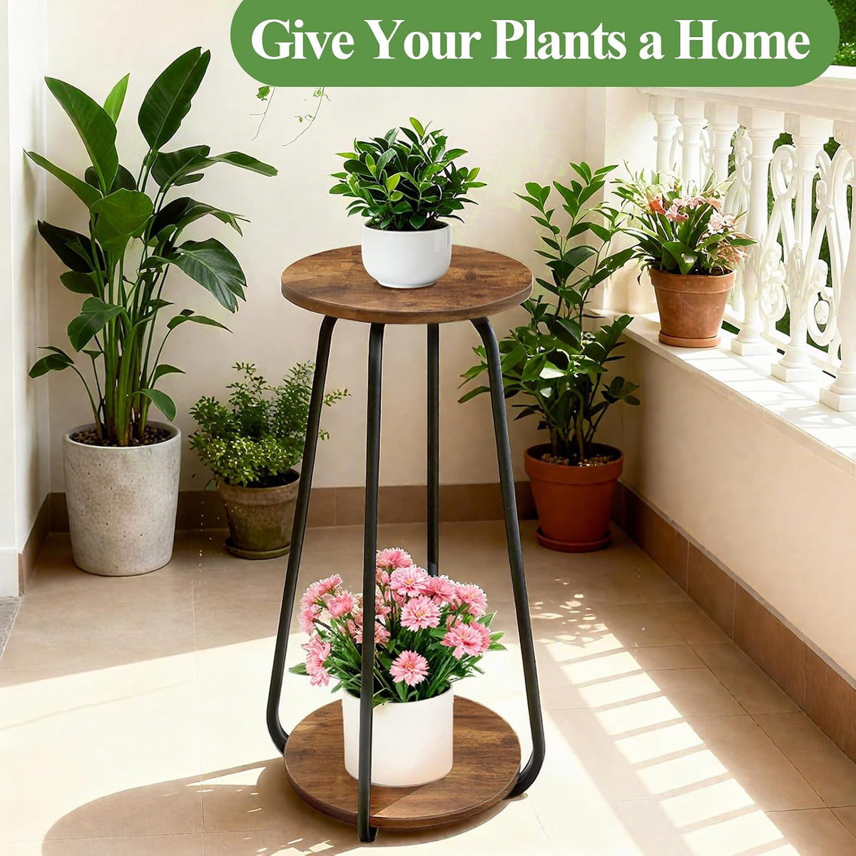 Plant Stand Indoor, 2 Tier Metal Wood Plant Shelf for Living Room, 2 Pack | Round Plant Pedestal Stands Saves Space