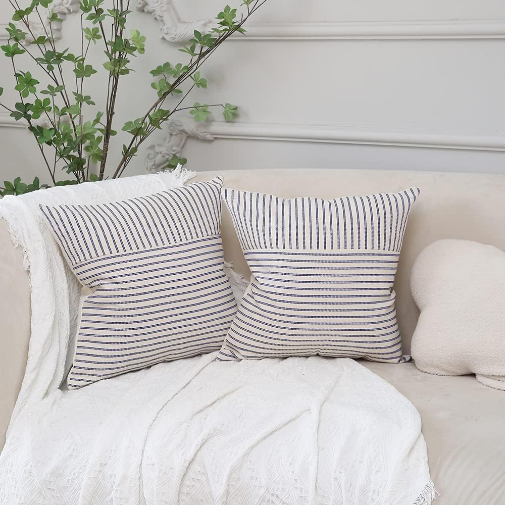 Beige Patchwork Farmhouse Throw Pillow Covers / Navy Blue / 18 x 18 / Set of 2