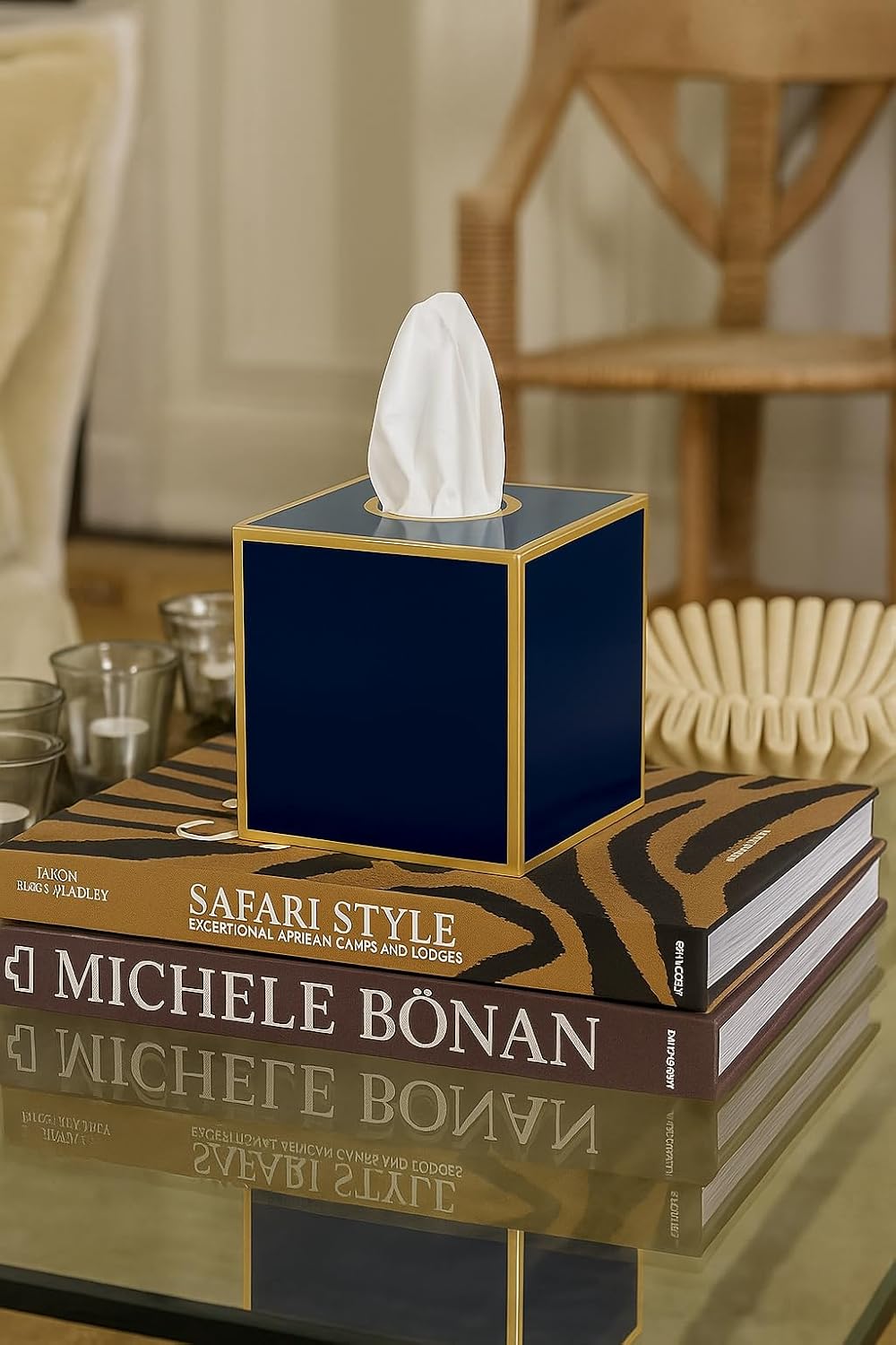 Tissue Box Cover Gold Tissue Holder / Indigo Blue