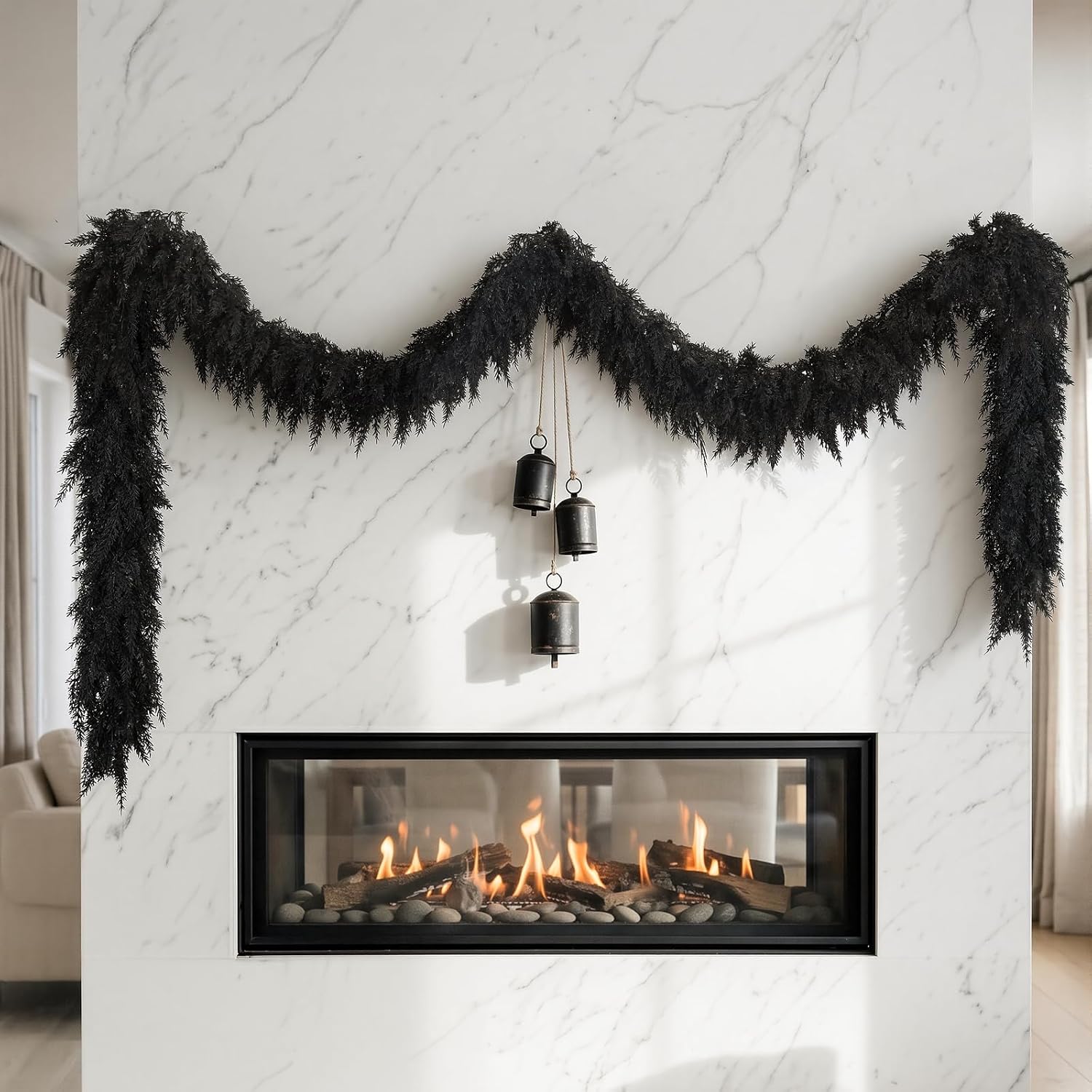 2PCS 9FT Halloween Cedar Garland, Black Real Touch Christmas Decorations | Realistic Thick Soft Full Lush Artificial