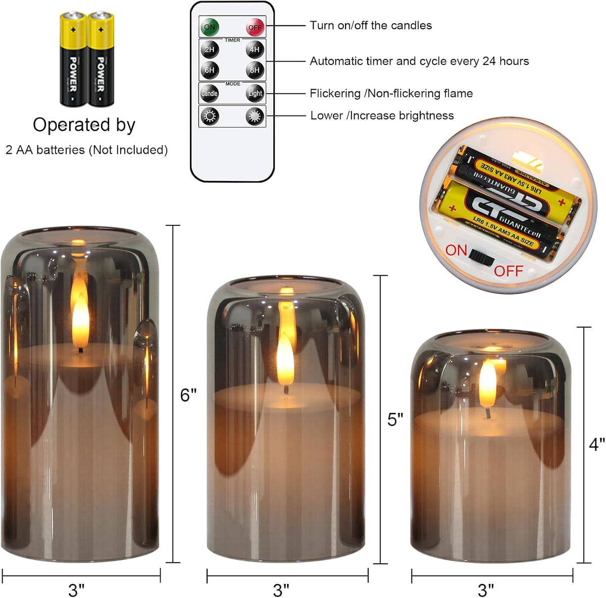 GenSwin Black Glass LED Flameless Candles with Remote Timer | Battery Operated Candles with Flickering, Real Wax Pillar