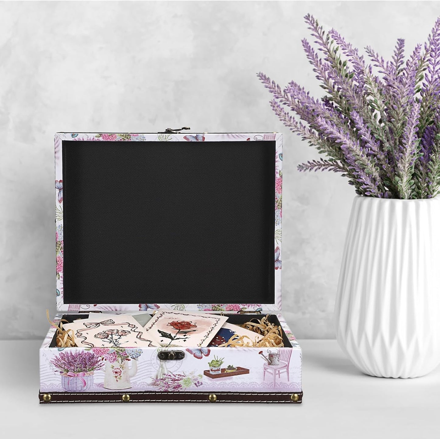Wooden Treasure Chest Box / Lavender Pattern