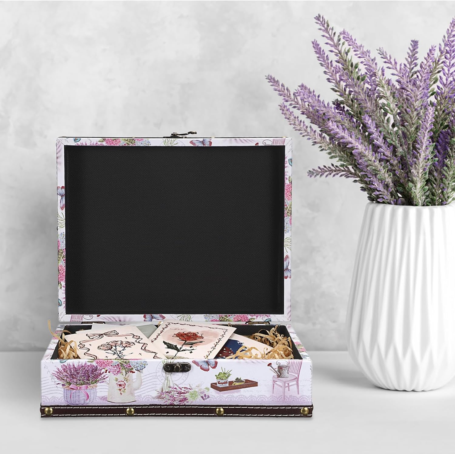 Wooden Treasure Chest Box / Lavender Pattern