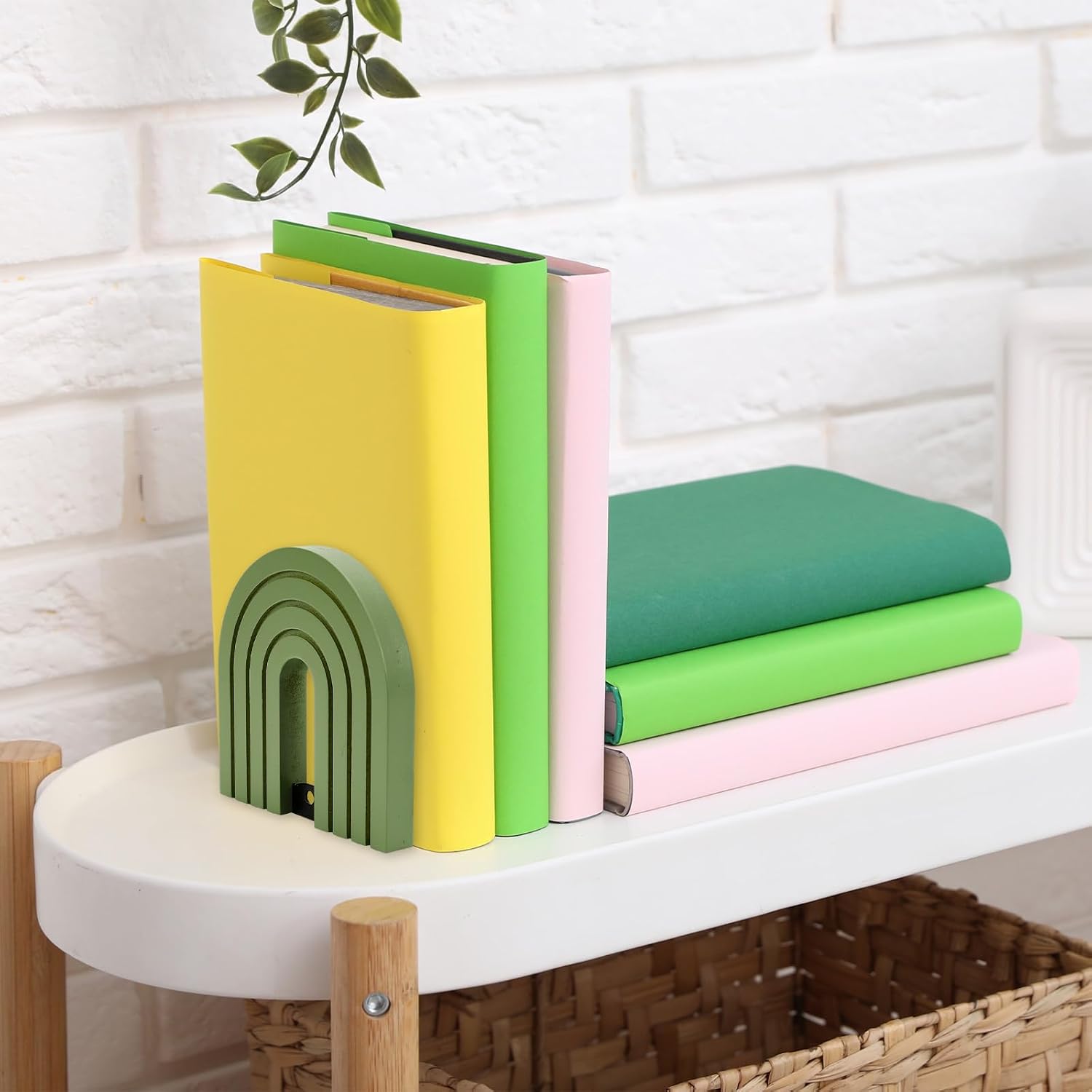 Boho Arch Wood Bookends Non Skid Book Stoppers Rainbow Shape Wooden Book / Sage Green / Set of 4