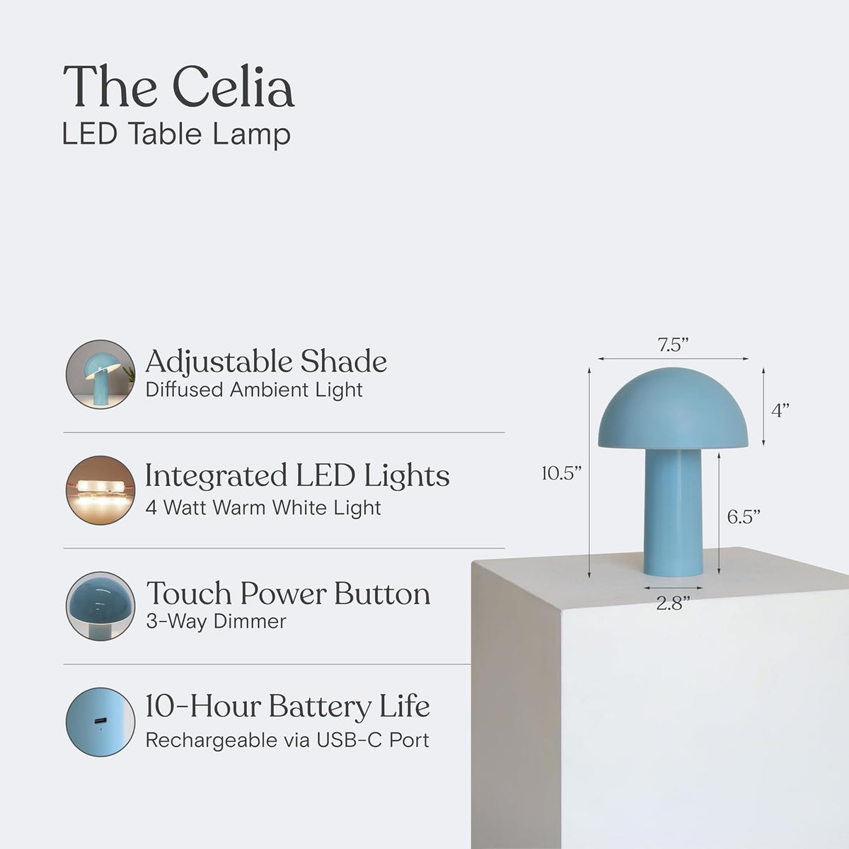 Brightech Celia Small Lamp – 10" Touch-Controlled Mushroom Table Lamp, Cordless & Dimmable LED, Portable & Rechargeable