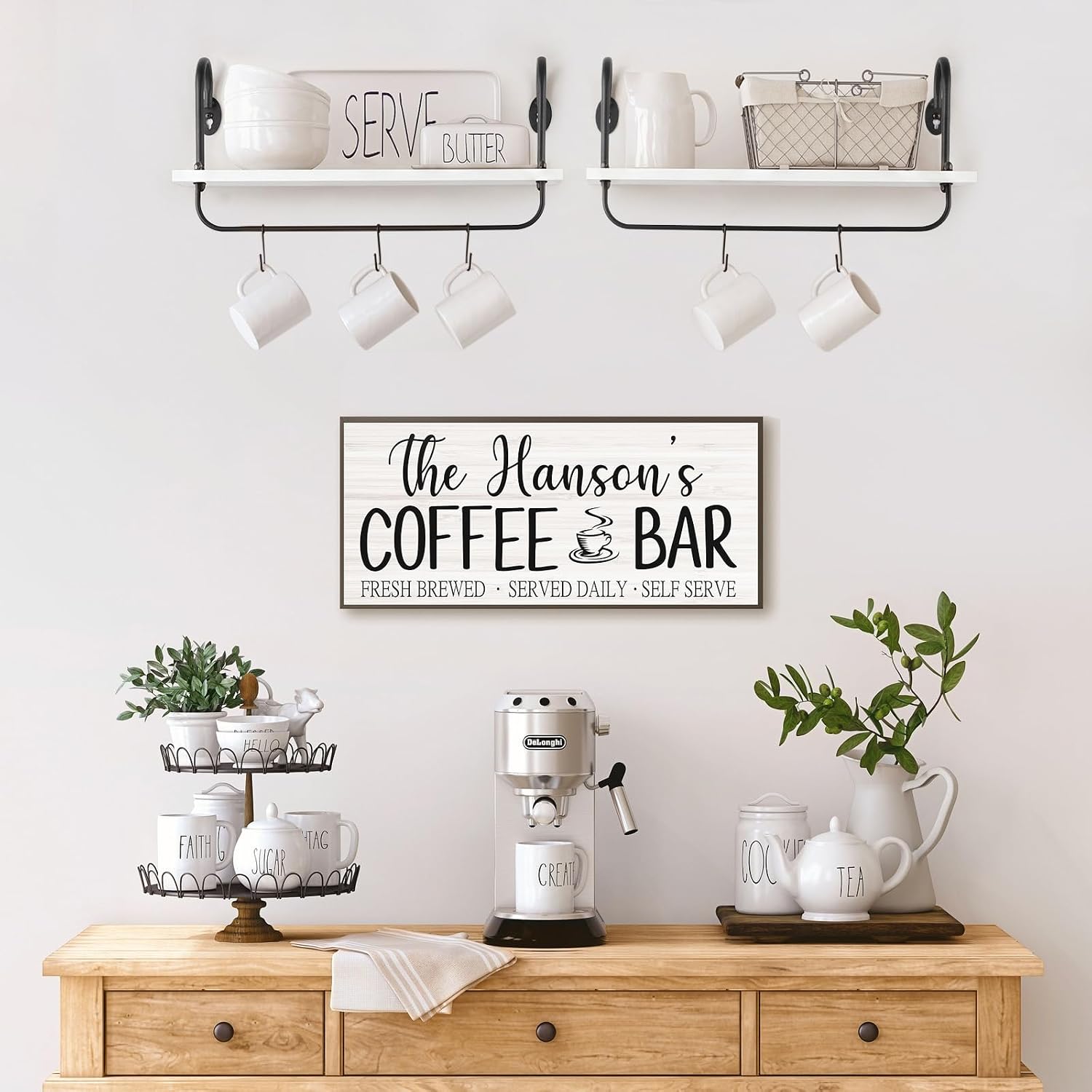 Olakee Floating Wall Shelves for Kitchen Bathroom Coffee Nook with 10 Adjustable Hooks for Mugs Cooking Utensils or
