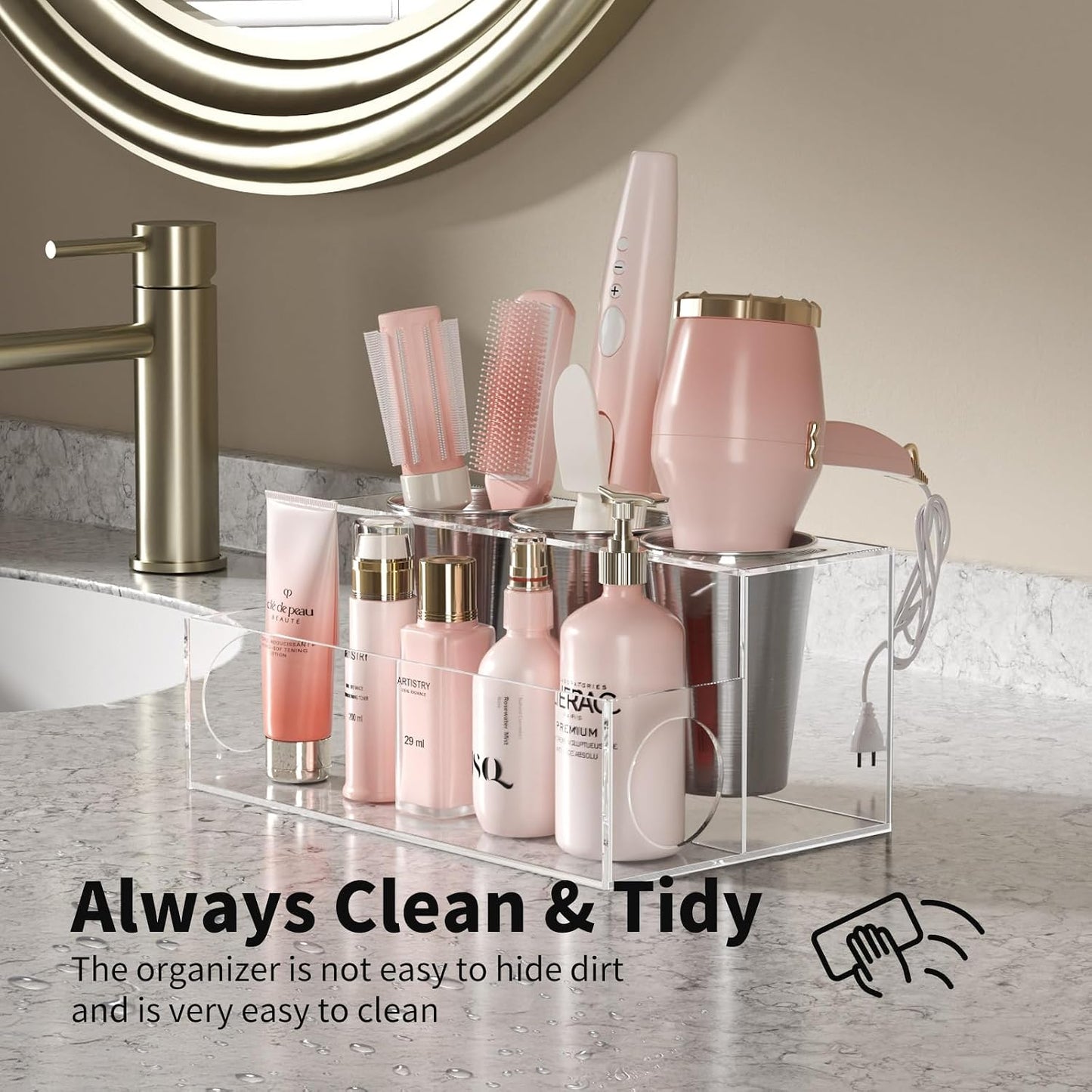 NIUBEE Acrylic Hair Tool Organizer,Hair Dryer Holder Countertop with 3 Cups | Clear, Hot Tools Organizer, Hair Blow